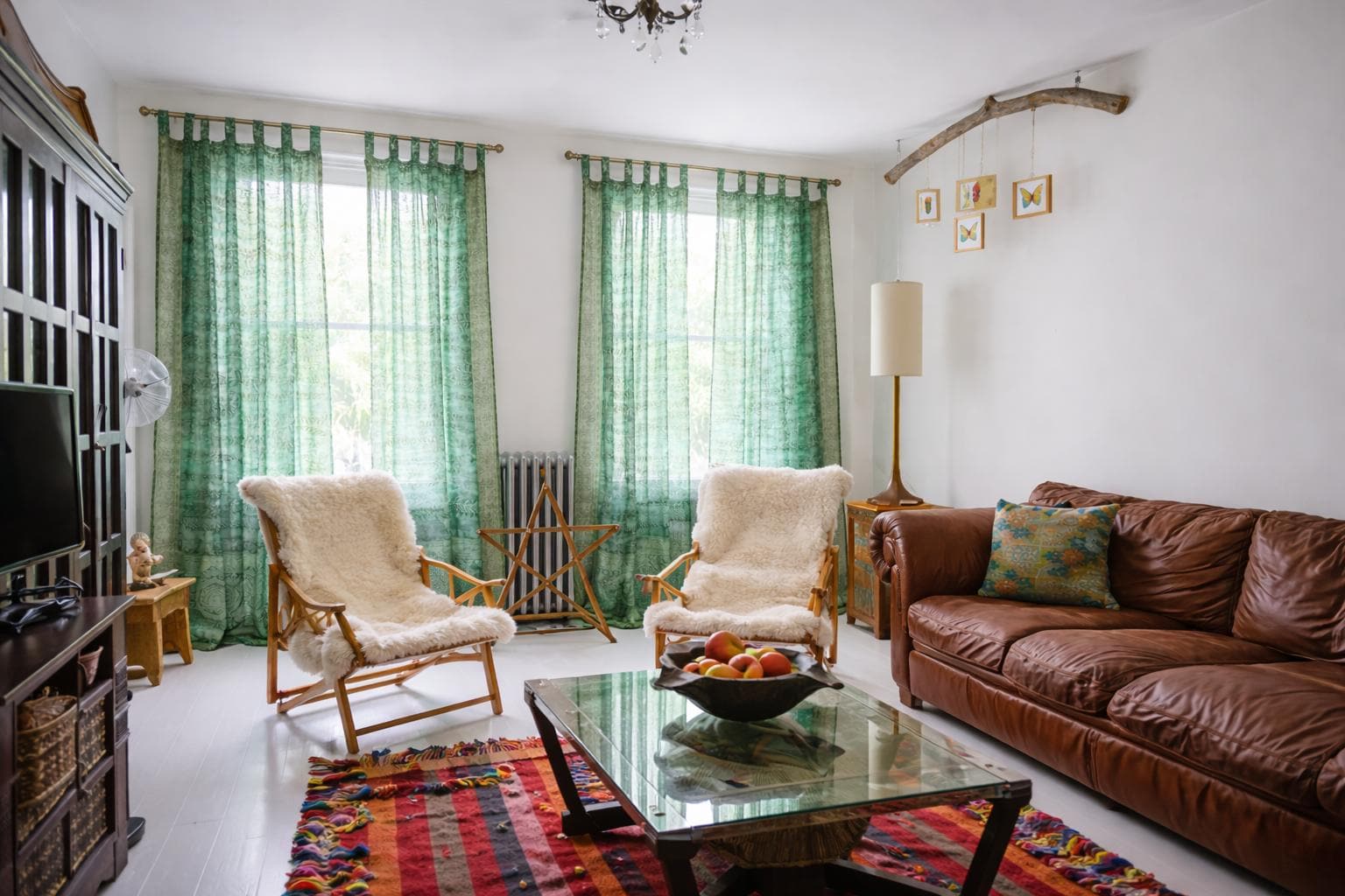 Green Pine Sari Curtain: Boho Light-Filtering Drapes with Block Print