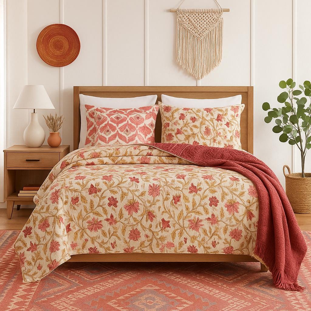 Hand-Quilted Reversible Cotton Quilt, Block Print Bedspread