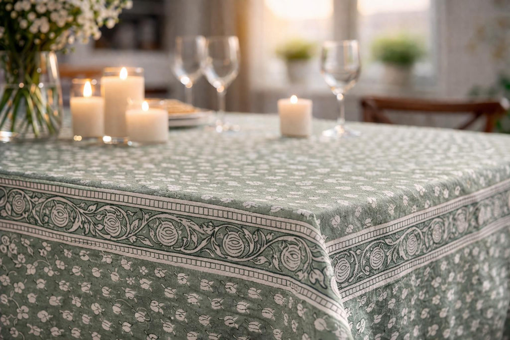 Tablecloth - Sage Lotus Design - Boho Blockprint- Handmade Cotton Table Cover - XL 120"