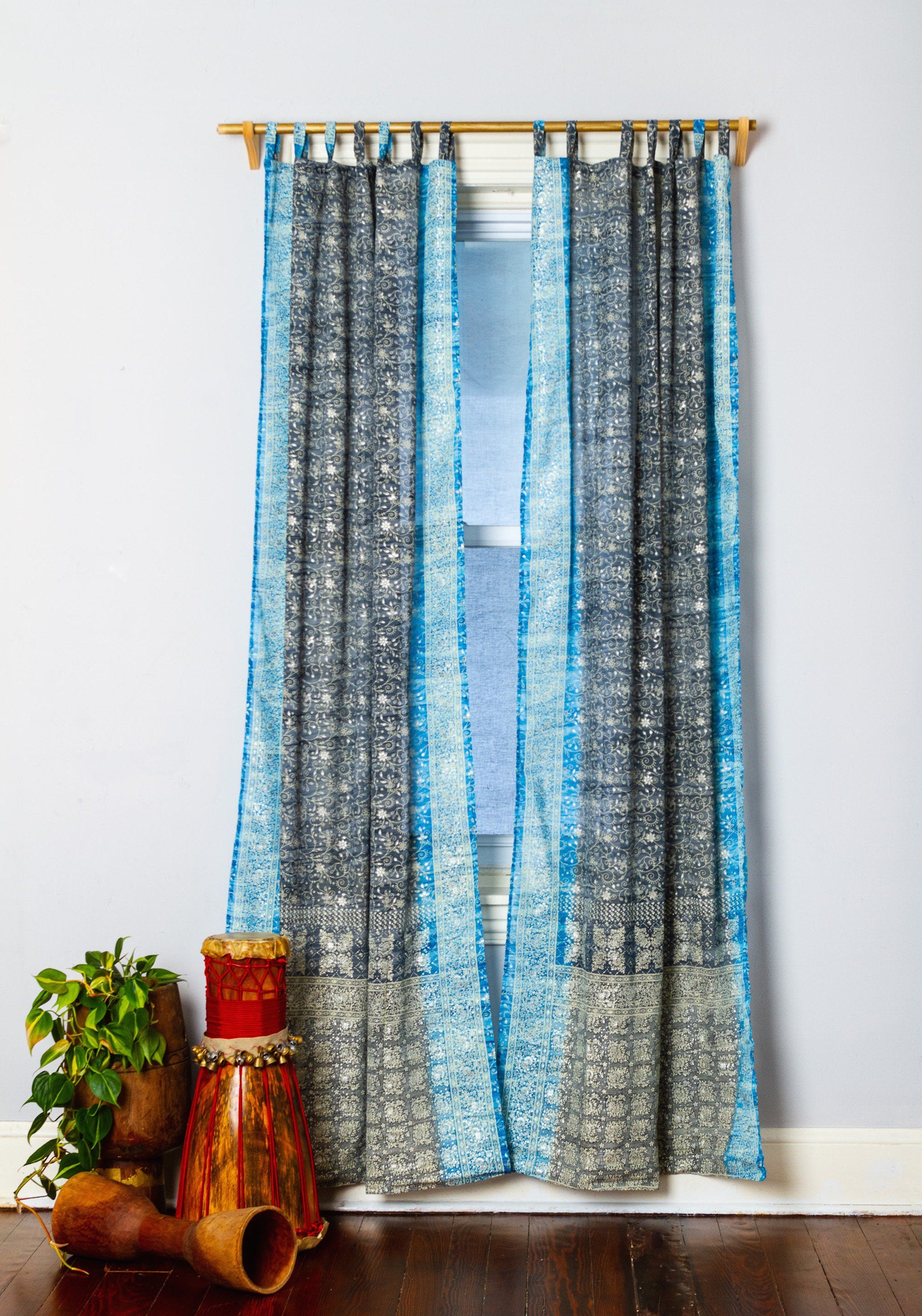 Sari Curtains Boho light filtering sheer drapes Gray silver Turquoise Slate cool Tones Window Treatment Sheer Drapes Bedroom Living Bedroom