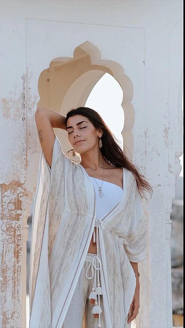 Boho Kaftan Drawstring Pants Set – Heirloom Weave, Soft Feminine Holiday Outfit Flowy Festival Style for Rosh Hashanah & Fall Gatherings