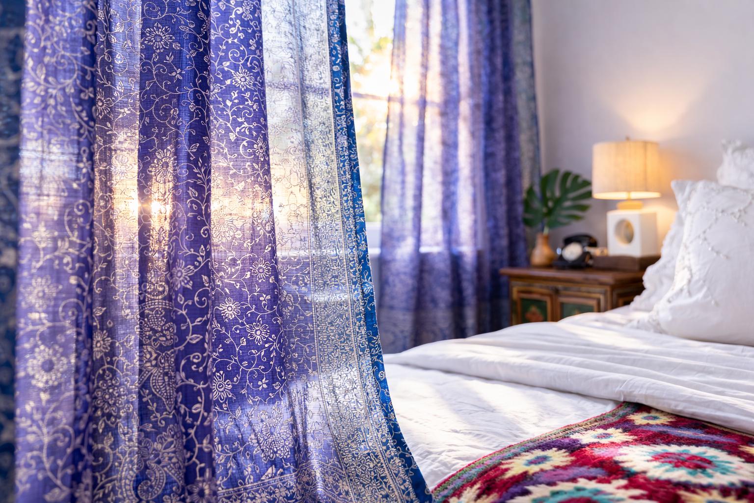 Sari Curtains 84"/96"L Boho Curtain BoHoEARTH Light-Filtering Indigo Purple sheer drapes Bed Canopy backdrop Window Treatment Living/Bedroom