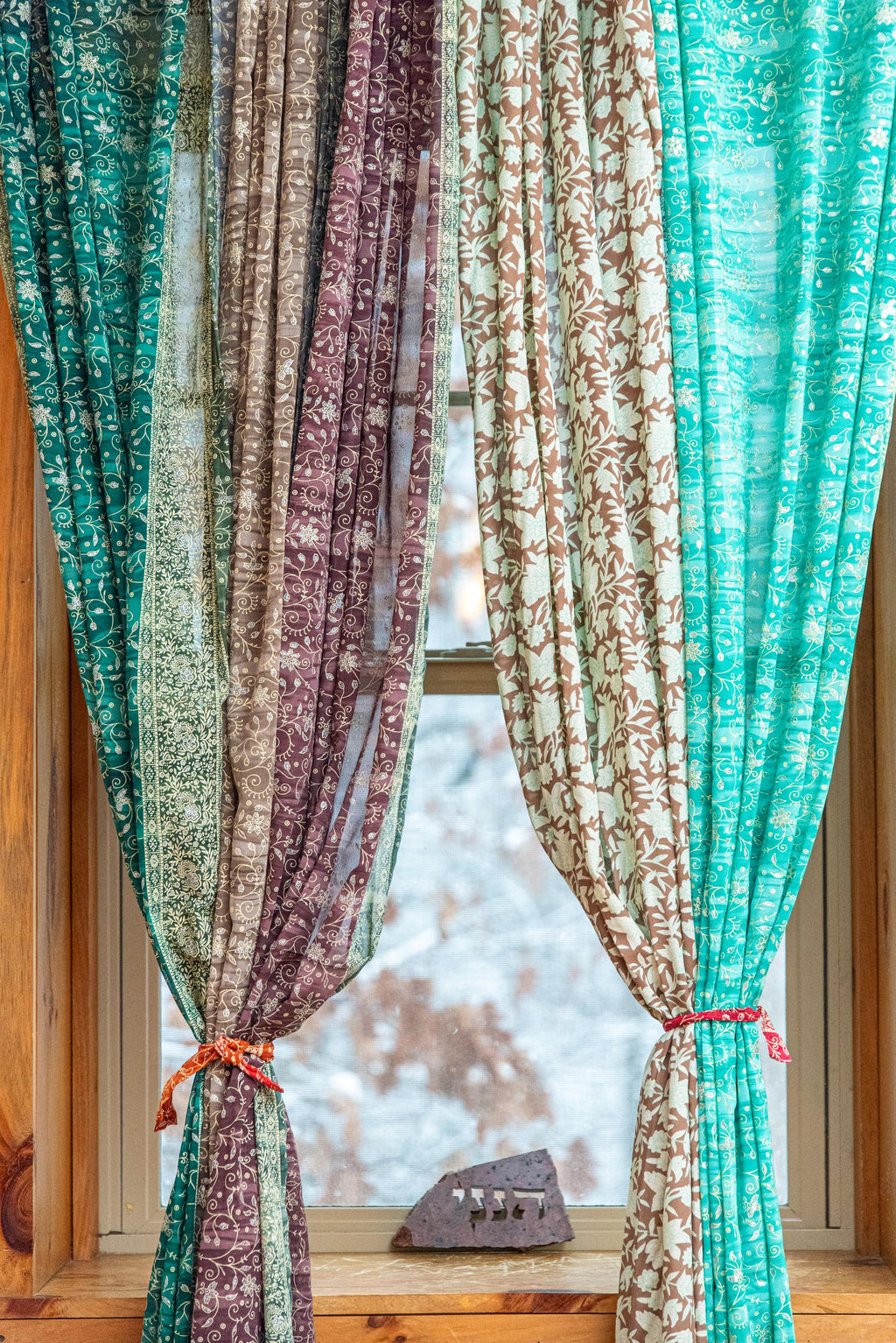 96" Block Print Cotton Curtains • Boho Tab Top Drapes with Border • Light Filtering Bohemian Style Curtain