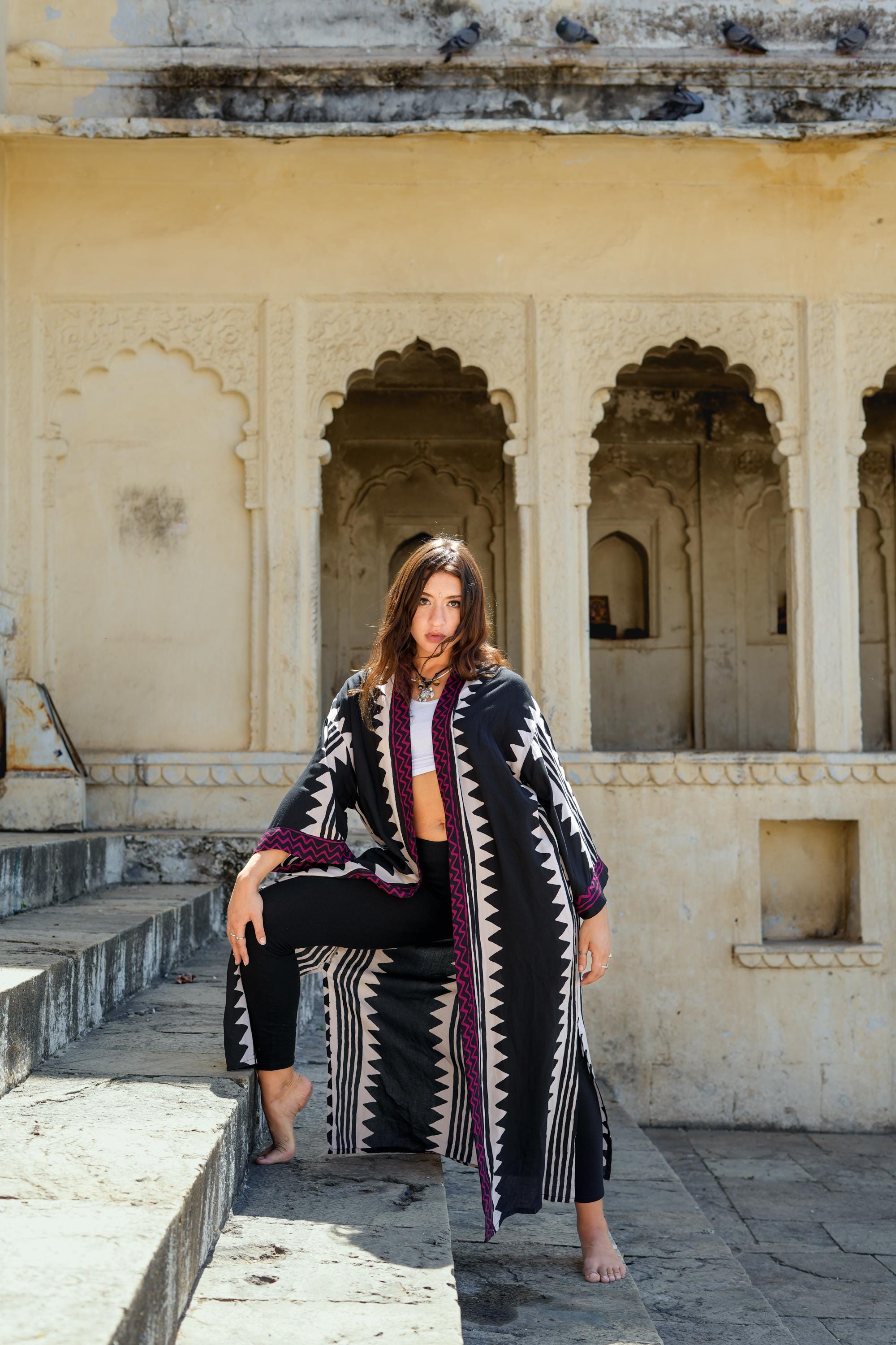 Tribal Graphic Midi Kimono – Earth Tones, Black & White and Maroon accent Bold Tribal Printed Rayon Wrap with Pockets and Sash