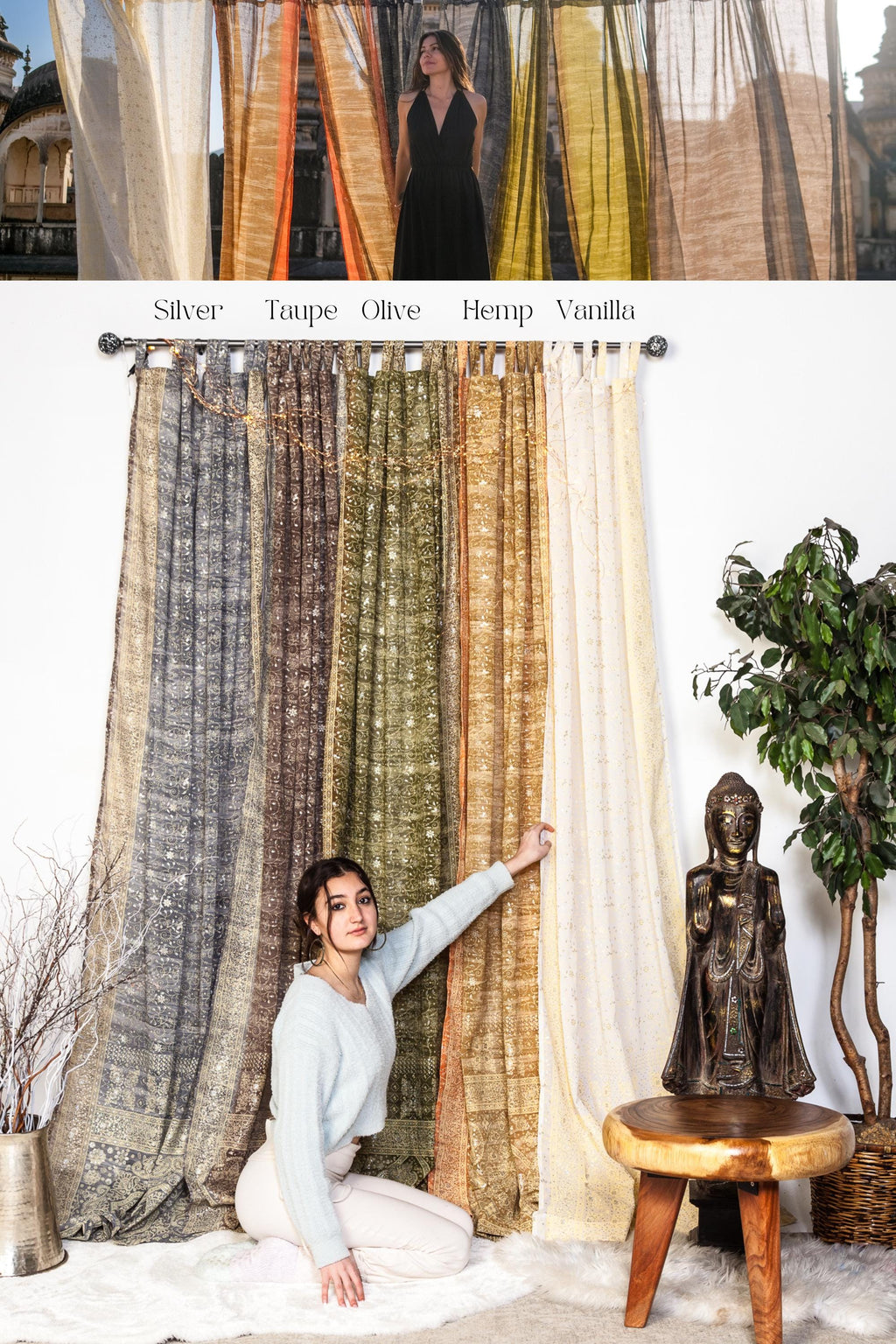 Yoga Studio Curtains Light Filtering Panels, Black Sari Curtains, Meditation Room Drapes, Sheer Boho Window Curtains