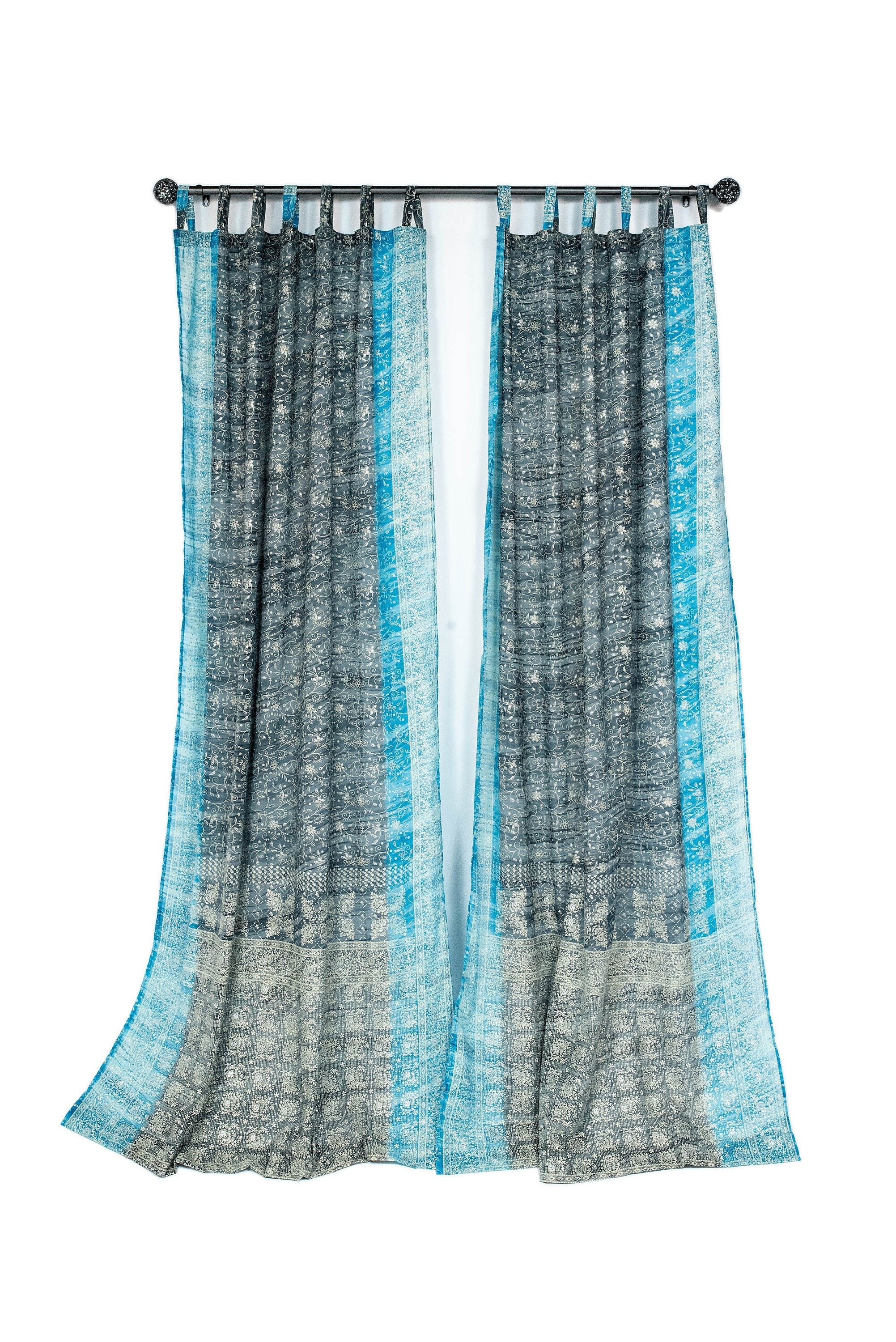 Sari Curtains Boho light filtering sheer drapes Gray silver Turquoise Slate cool Tones Window Treatment Sheer Drapes Bedroom Living Bedroom