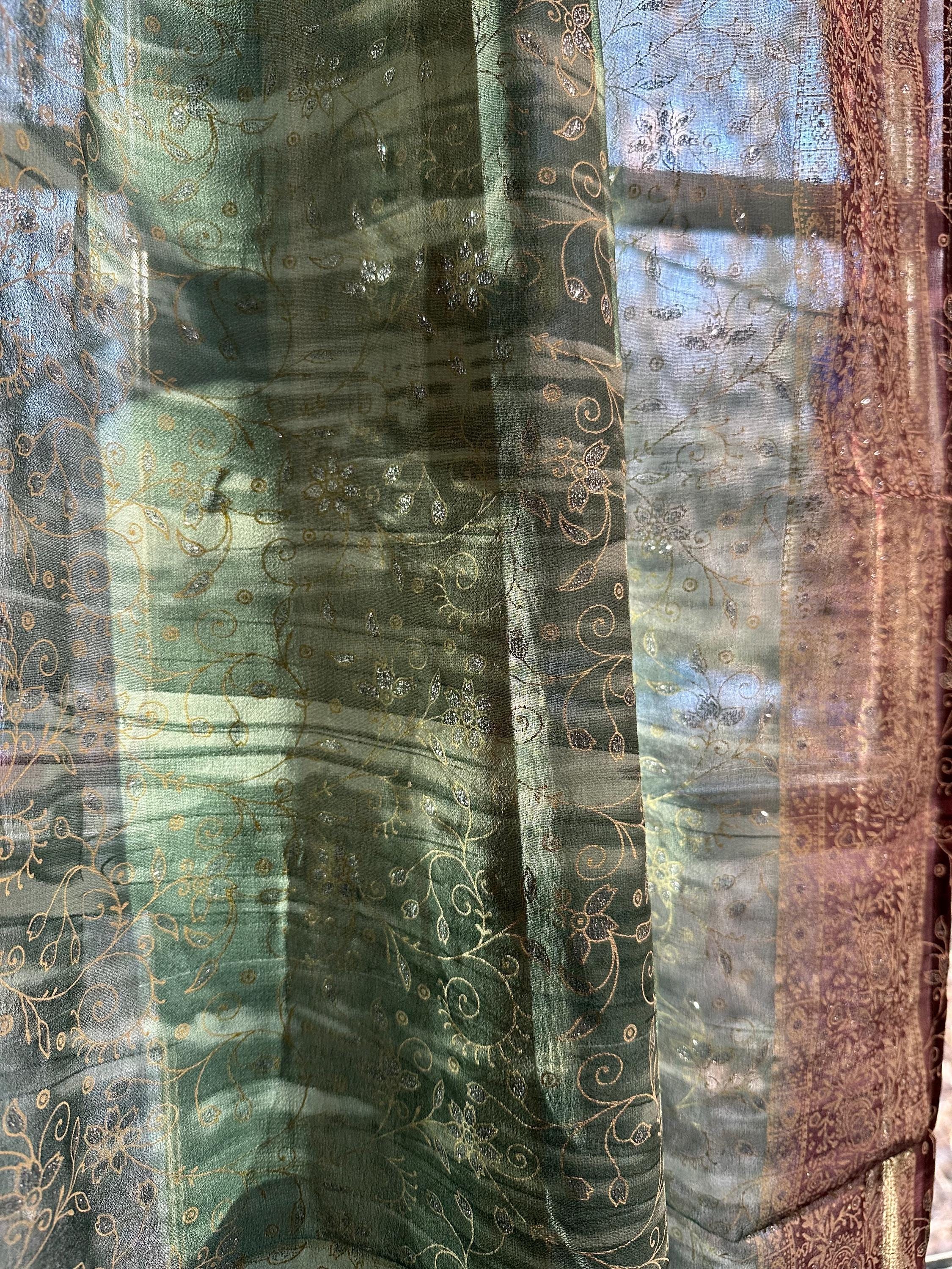Sage/Purple Sari Curtains 84"/96"L Boho Curtains BoHoEARTH Collection Light-Filtering Window Treatment For Living/Bedroom