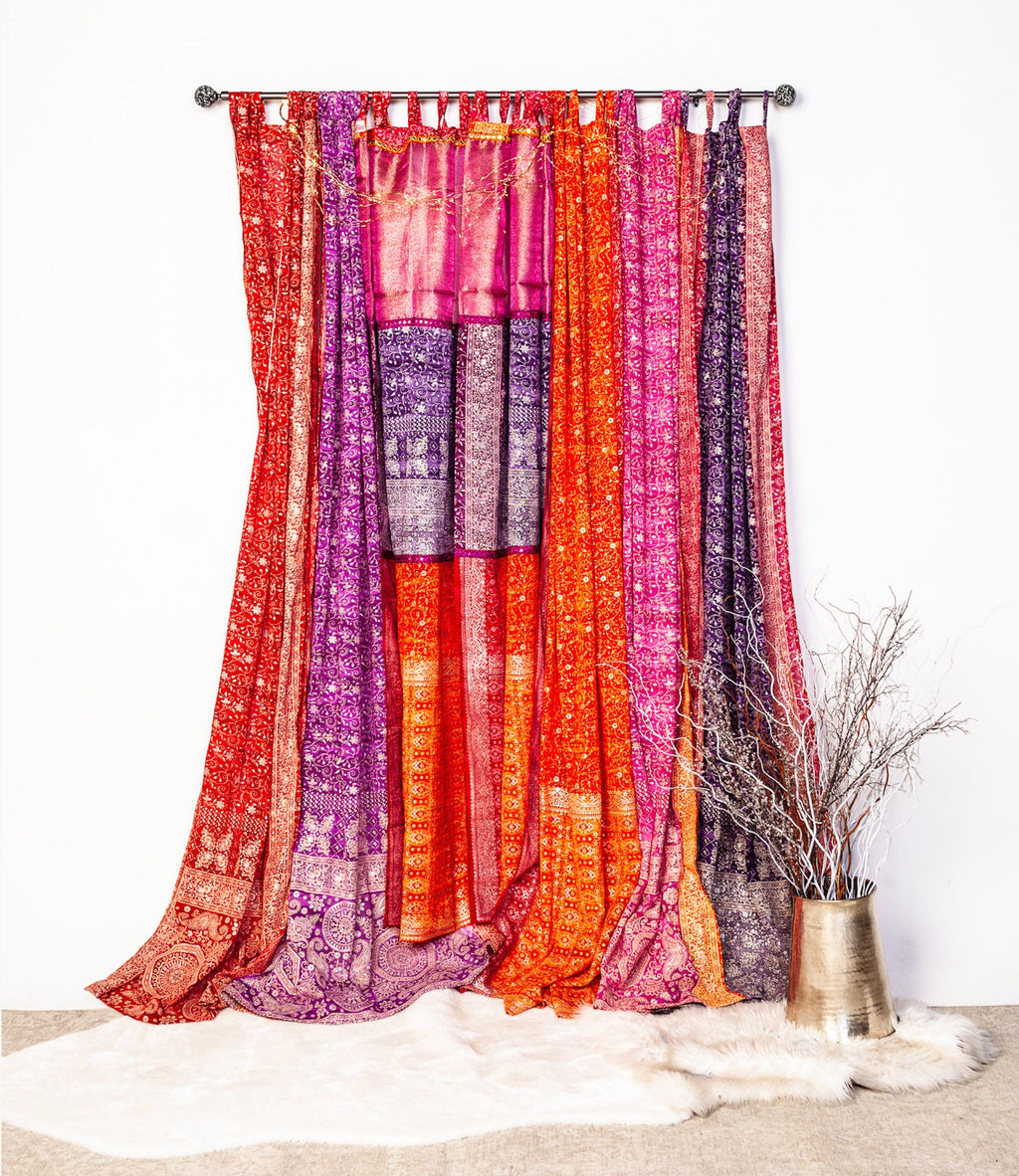 Block Printed Sari Curtains, Boho Window Treatment, LightFiltering Purple Berry 96"/108"L