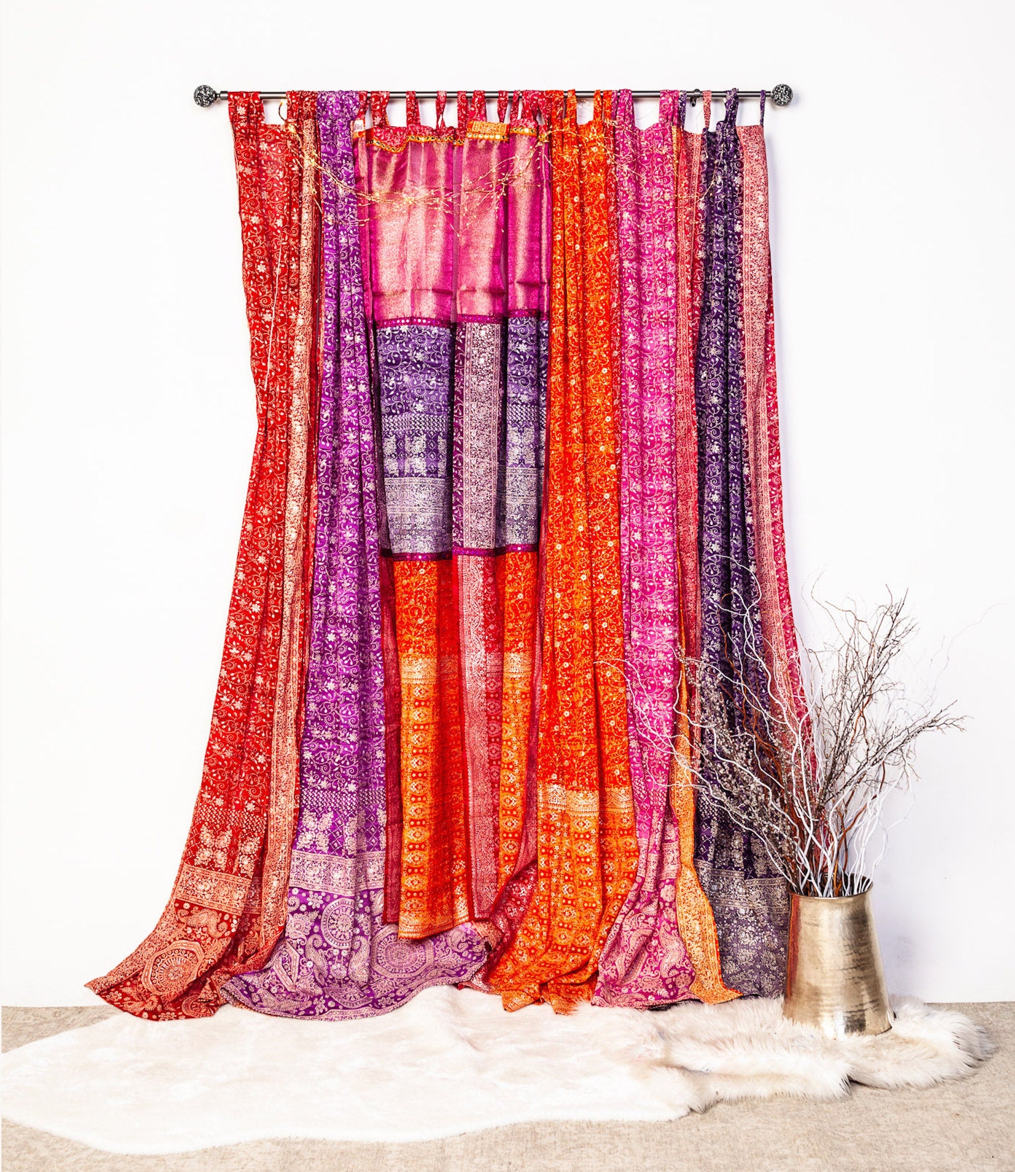 Block Printed Sari Curtains, Boho Window Treatment, LightFiltering Purple Berry 96"/108"L