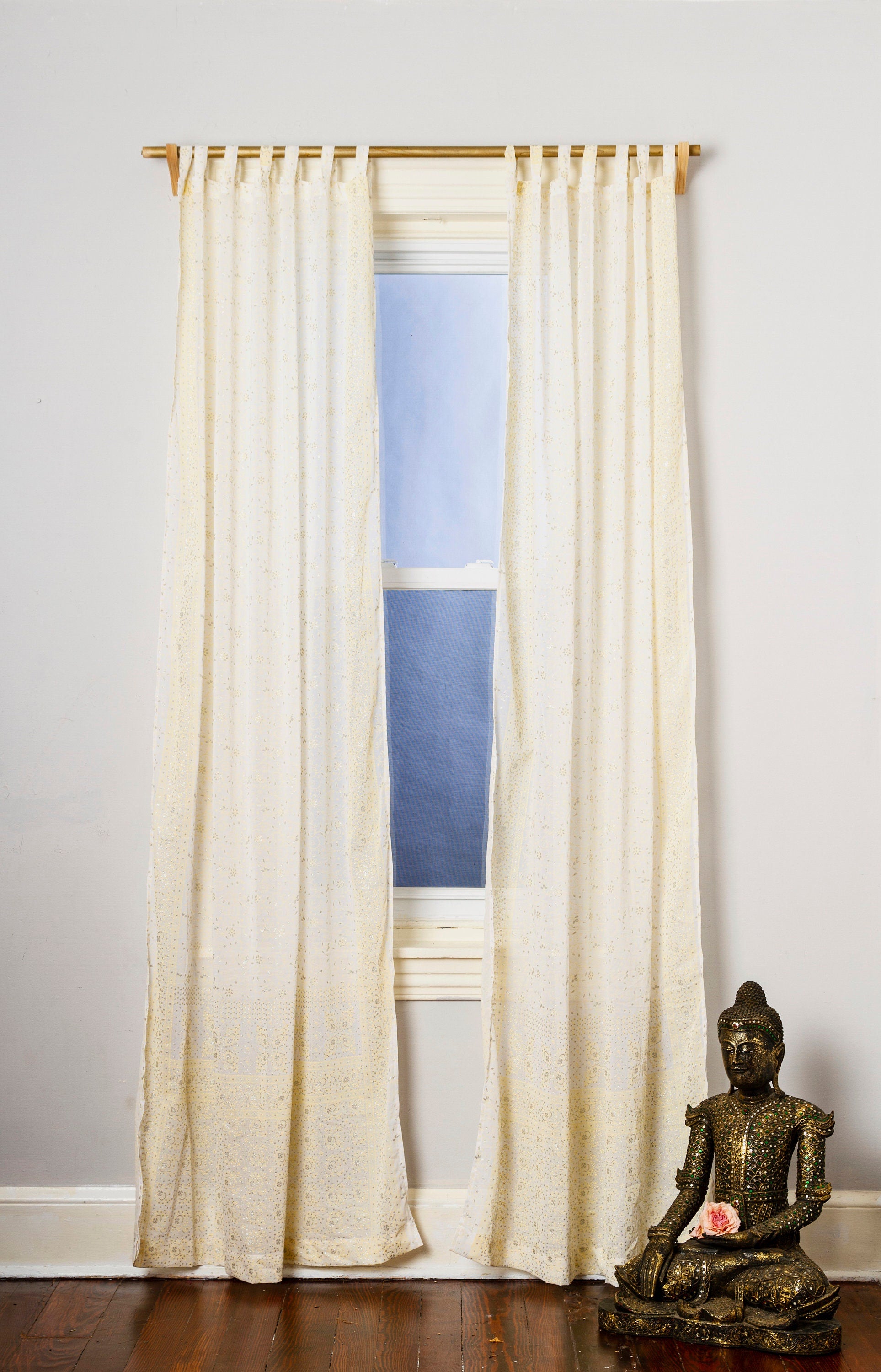 Boho Sari Curtains - Vanilla Off White Sheer Panels - Subtle Luminous Thread - Light Filtering Neutral Window Drapes
