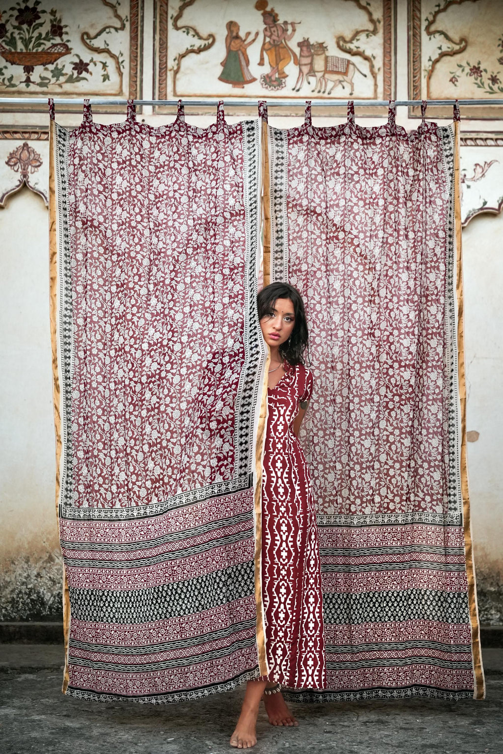 96" Block Print Cotton Curtains•Boho Tab Top Drapes with Border • Light Filtering Bohemian Style Curtain•Natural Cotton Style light Curtain