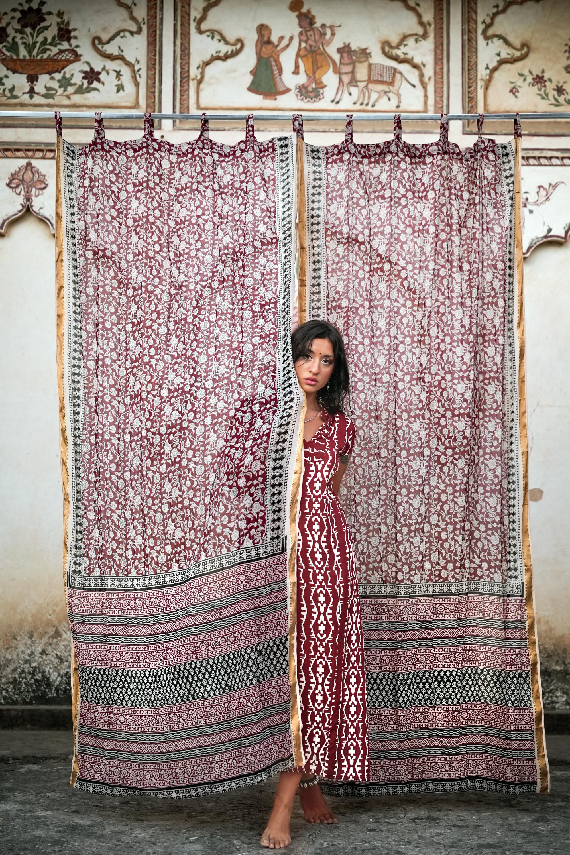 96" Block Print Cotton Curtains•Boho Tab Top Drapes with Border • Light Filtering Bohemian Style Curtain•Natural Cotton Style light Curtain