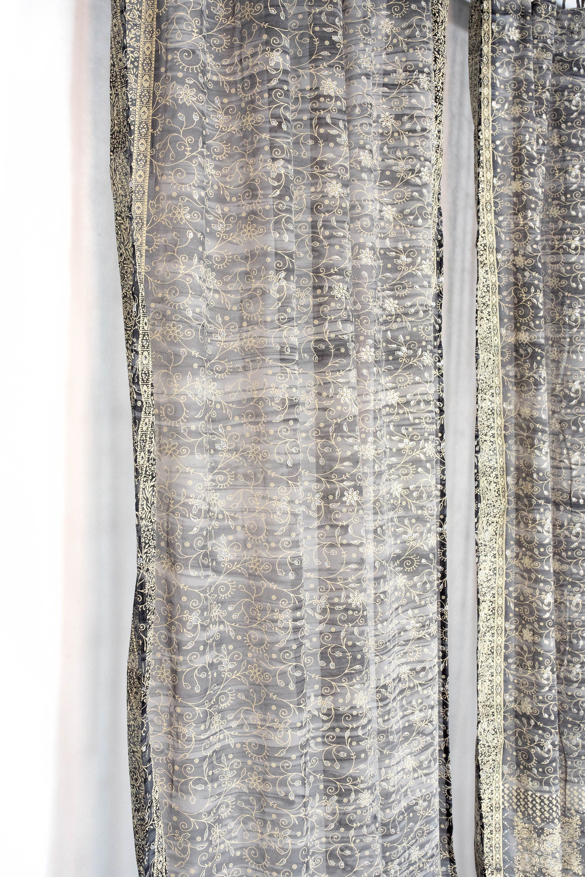 Sari Curtains 84"/96"L Boho Curtains BoHoEARTH Collection Light-Filtering Gray Black Bed Canopy backdrop Window Treatment For Living/Bedroom