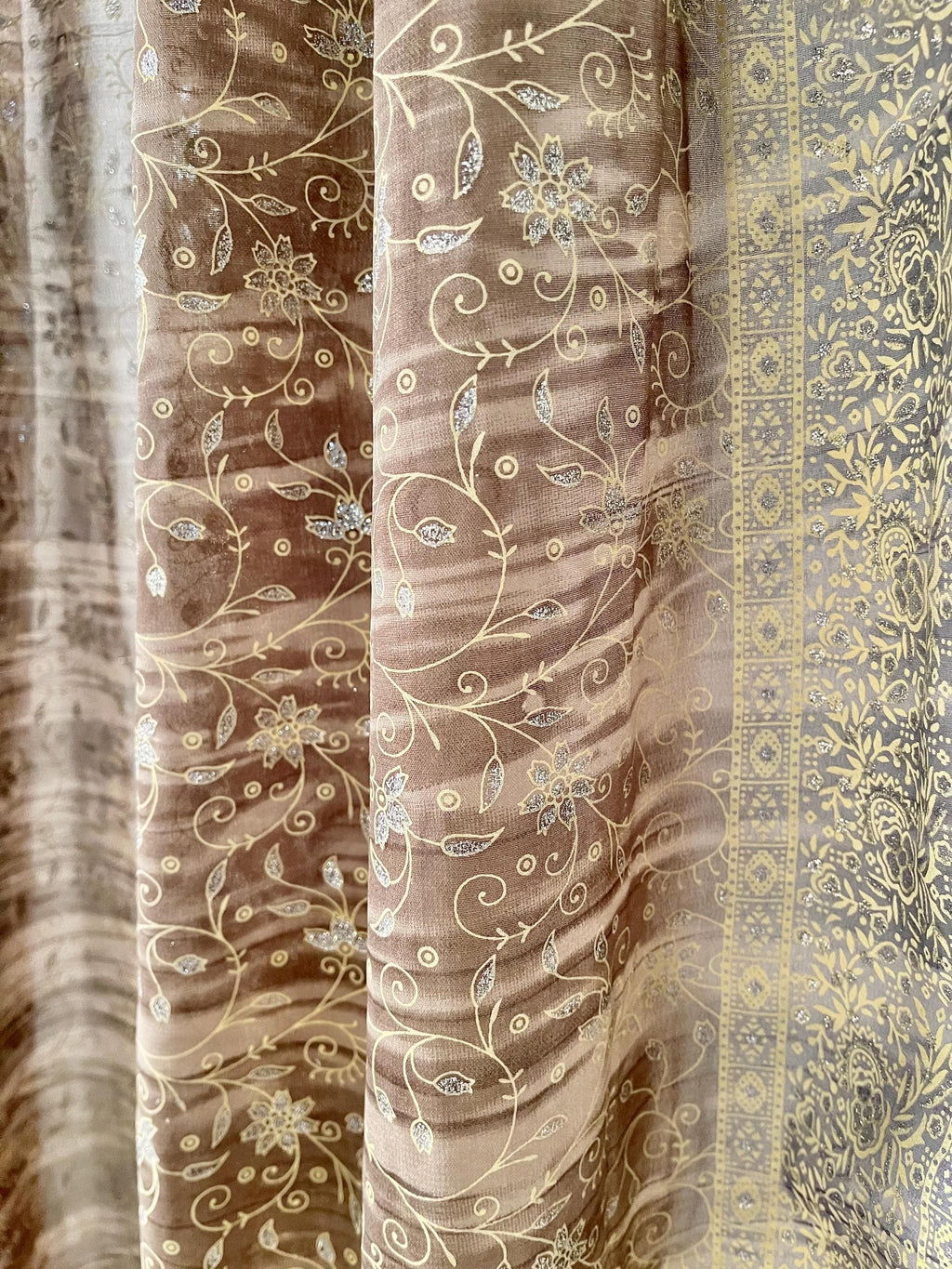 Boho Sari Curtains - Taupe Silver Sheer Panels - Light Filtering Neutral Drapes - Soft Metallic Window Curtains