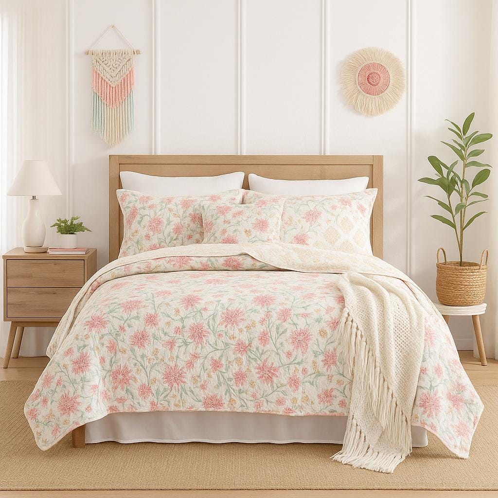 Hand-Quilted Cotton Reversible Quilt, Block Print Boho Bedspread