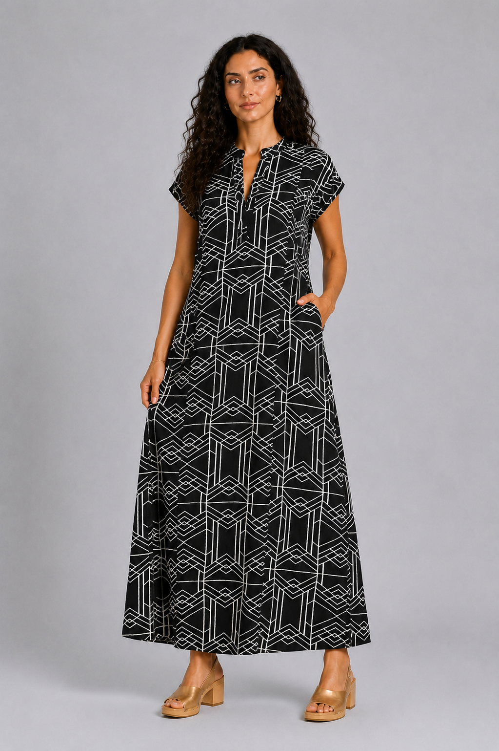CLRS Woman - Tribal Print Maxi Dress - Minimal Boho Column Dress