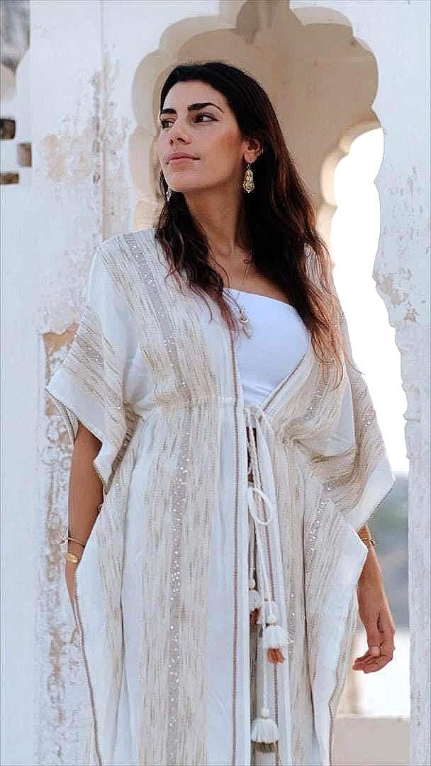 Boho Kaftan Drawstring Pants Set – Heirloom Weave, Soft Feminine Holiday Outfit Flowy Festival Style for Rosh Hashanah & Fall Gatherings