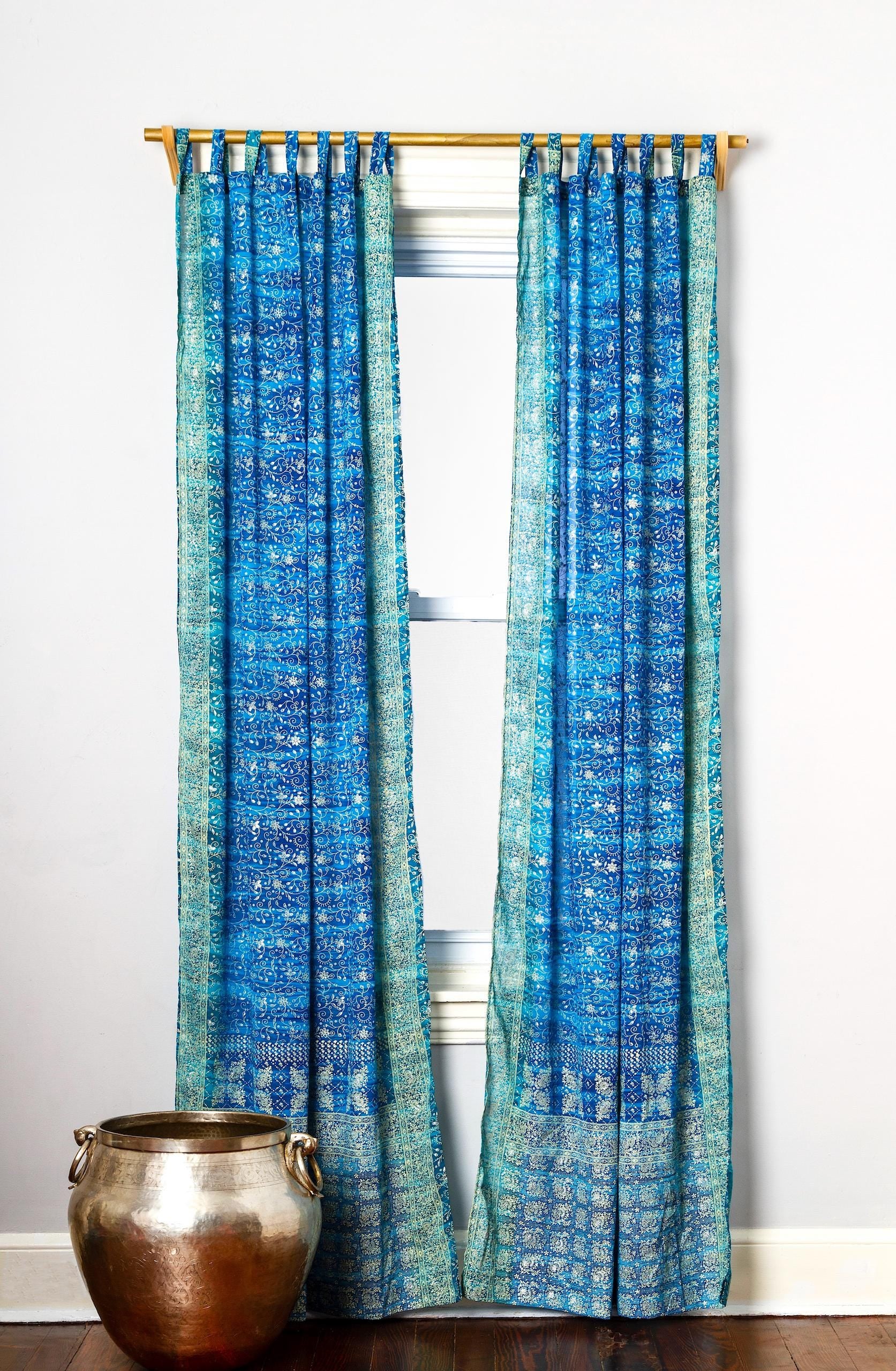 Yoga Studio Curtains Light Filtering Panels, Blue Boho Sari Curtains, Meditation Room Drapes, Sheer Window Curtains