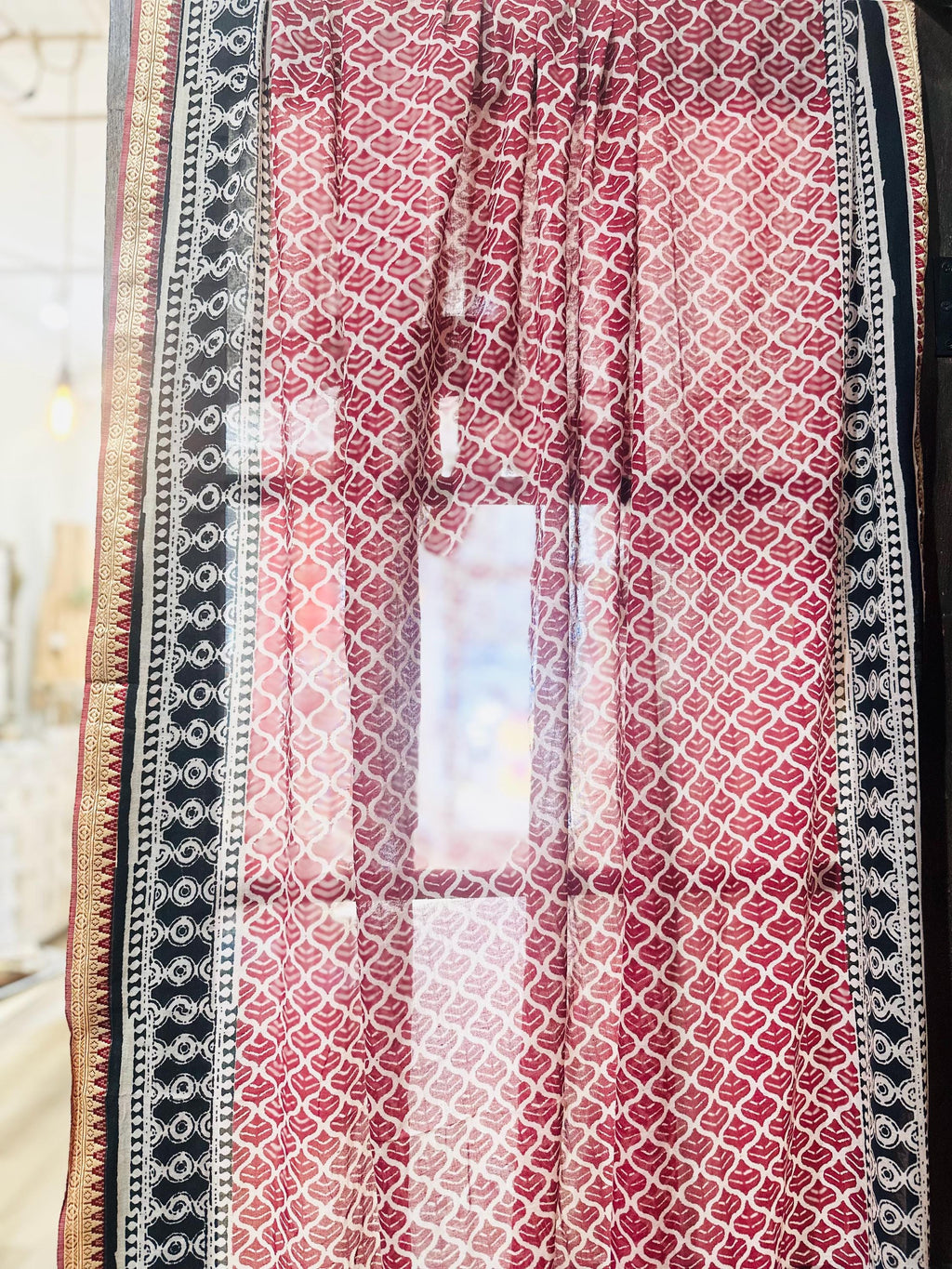 96" Block Print Cotton Curtains•Boho Tab Top Drapes with Border • Light Filtering Bohemian Style Curtain•Natural Cotton Style light Curtain