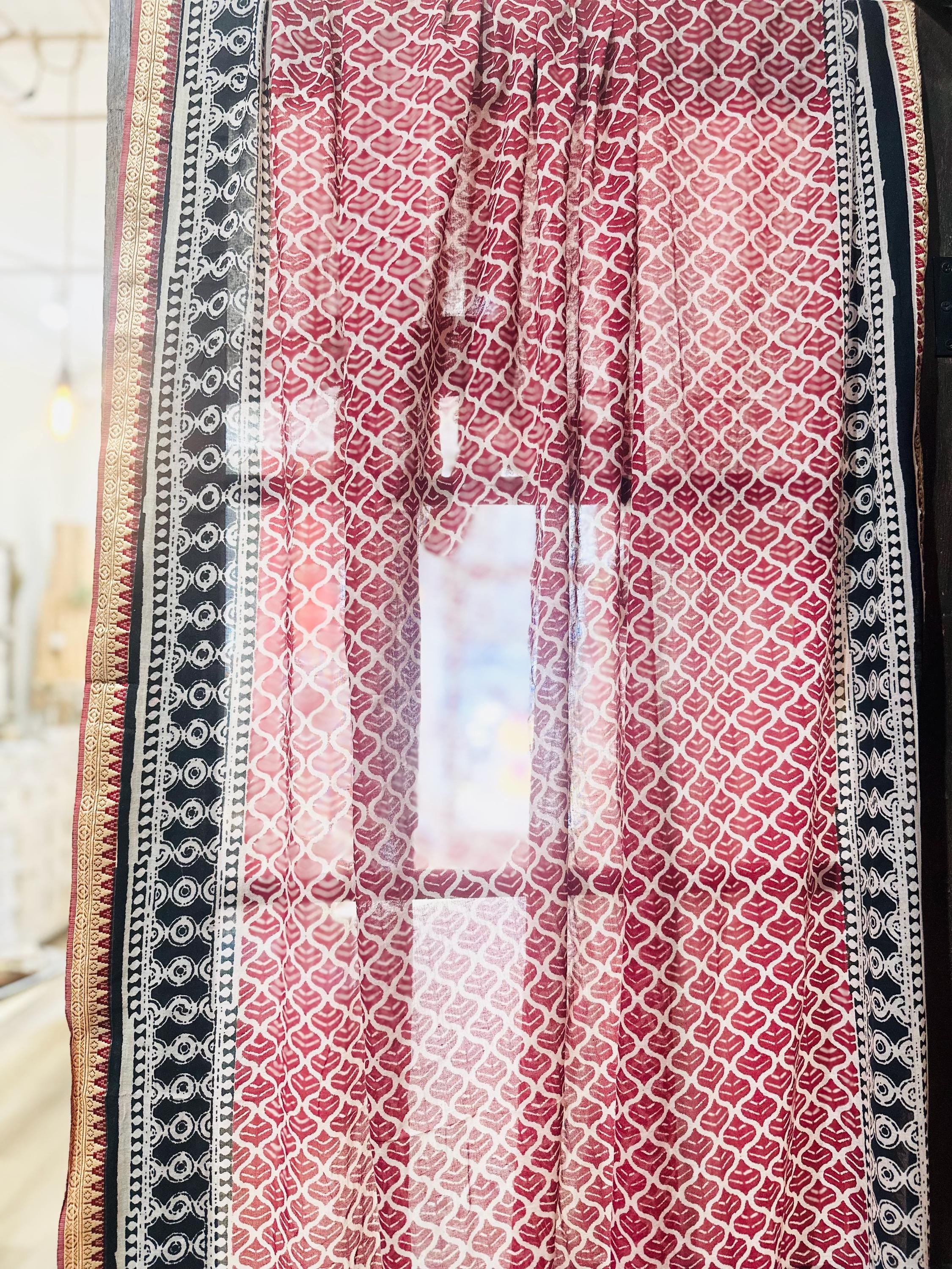 96" Block Print Cotton Curtains•Boho Tab Top Drapes with Border • Light Filtering Bohemian Style Curtain•Natural Cotton Style light Curtain