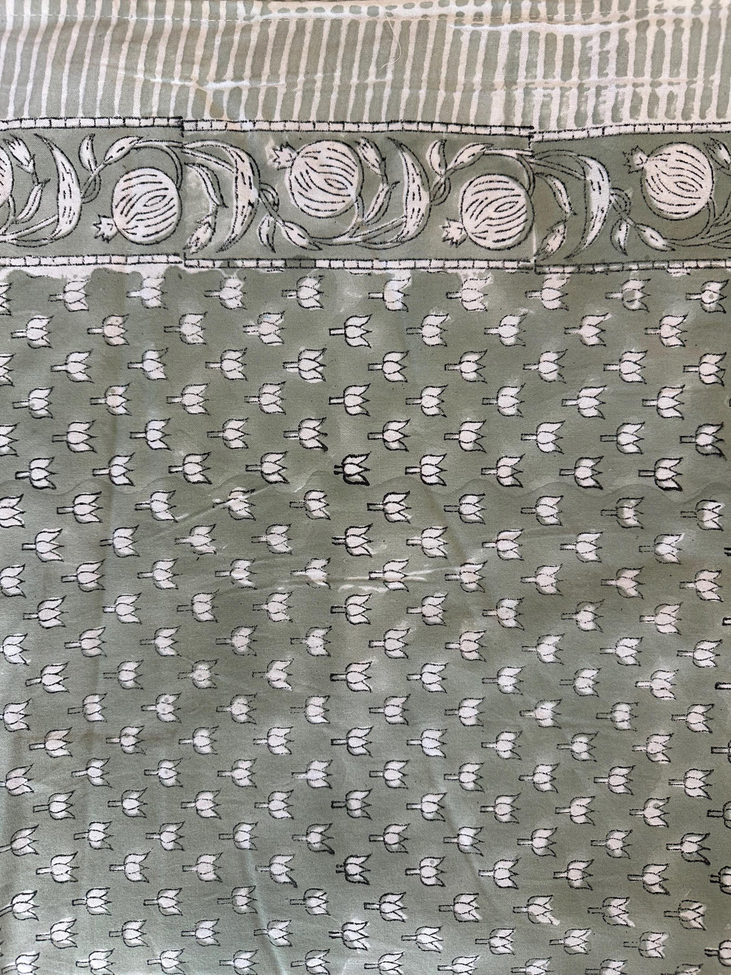 Tablecloth - Sage Lotus Design - Boho Blockprint- Handmade Cotton Table Cover - XL 120"
