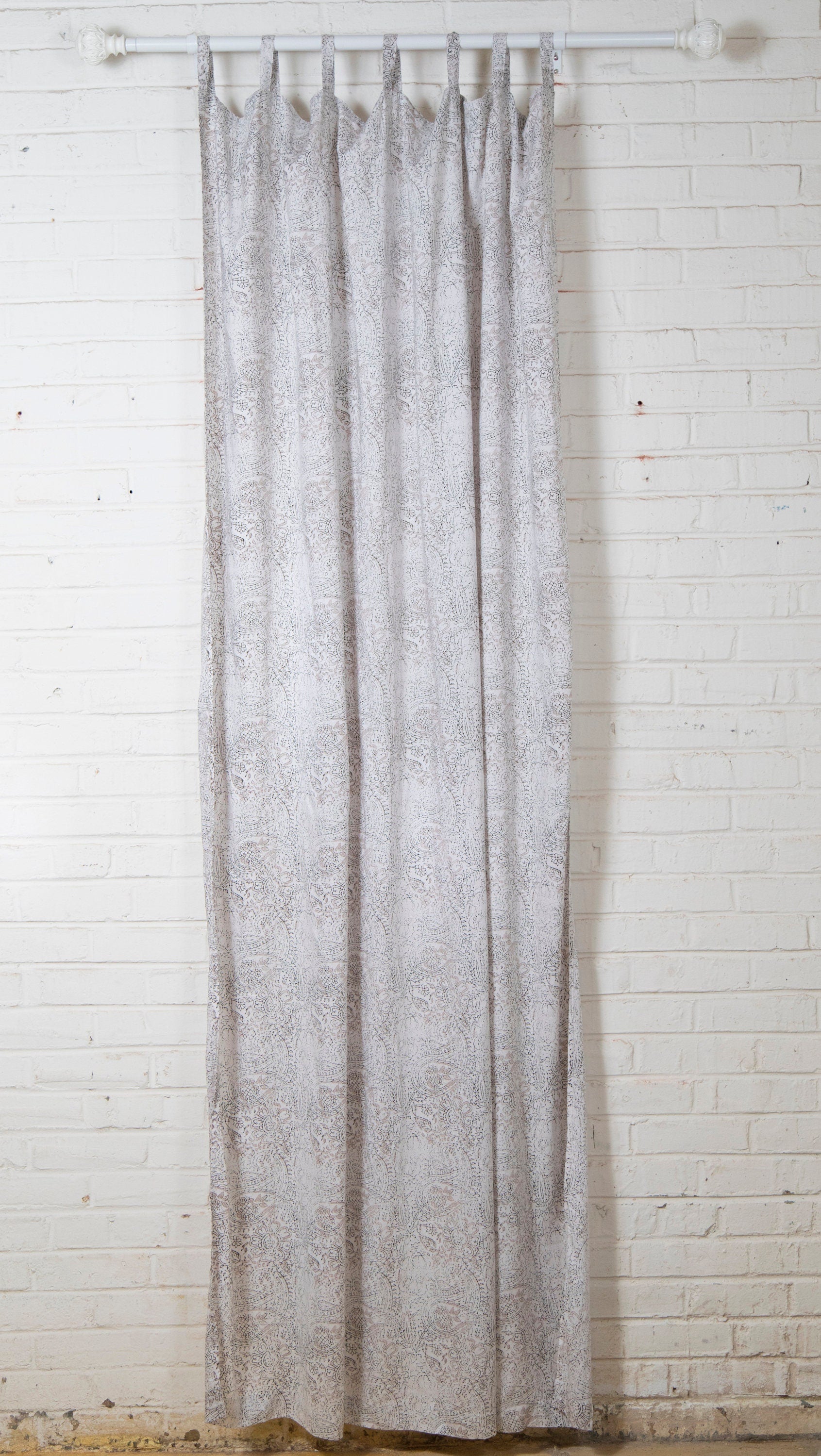 Extra Wide Boho Curtain Panel 52 Wide, Faded Black and Taupe white Rayon Curtain, Soft Light Window Treatment, Neutral Shabby Chic Decor