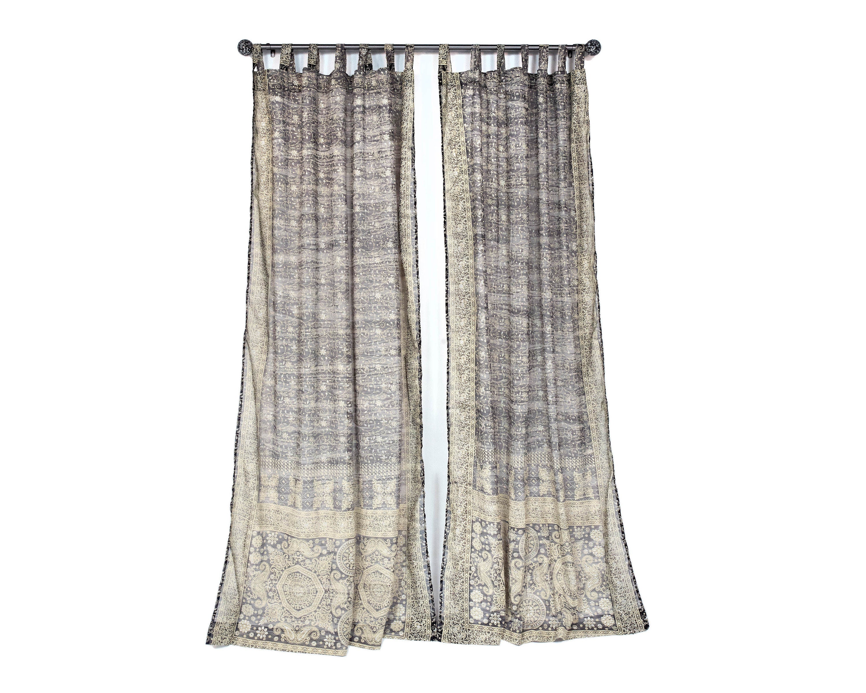 Sari Curtains 84"/96"L Boho Curtains BoHoEARTH Collection Light-Filtering Gray Black Bed Canopy backdrop Window Treatment For Living/Bedroom