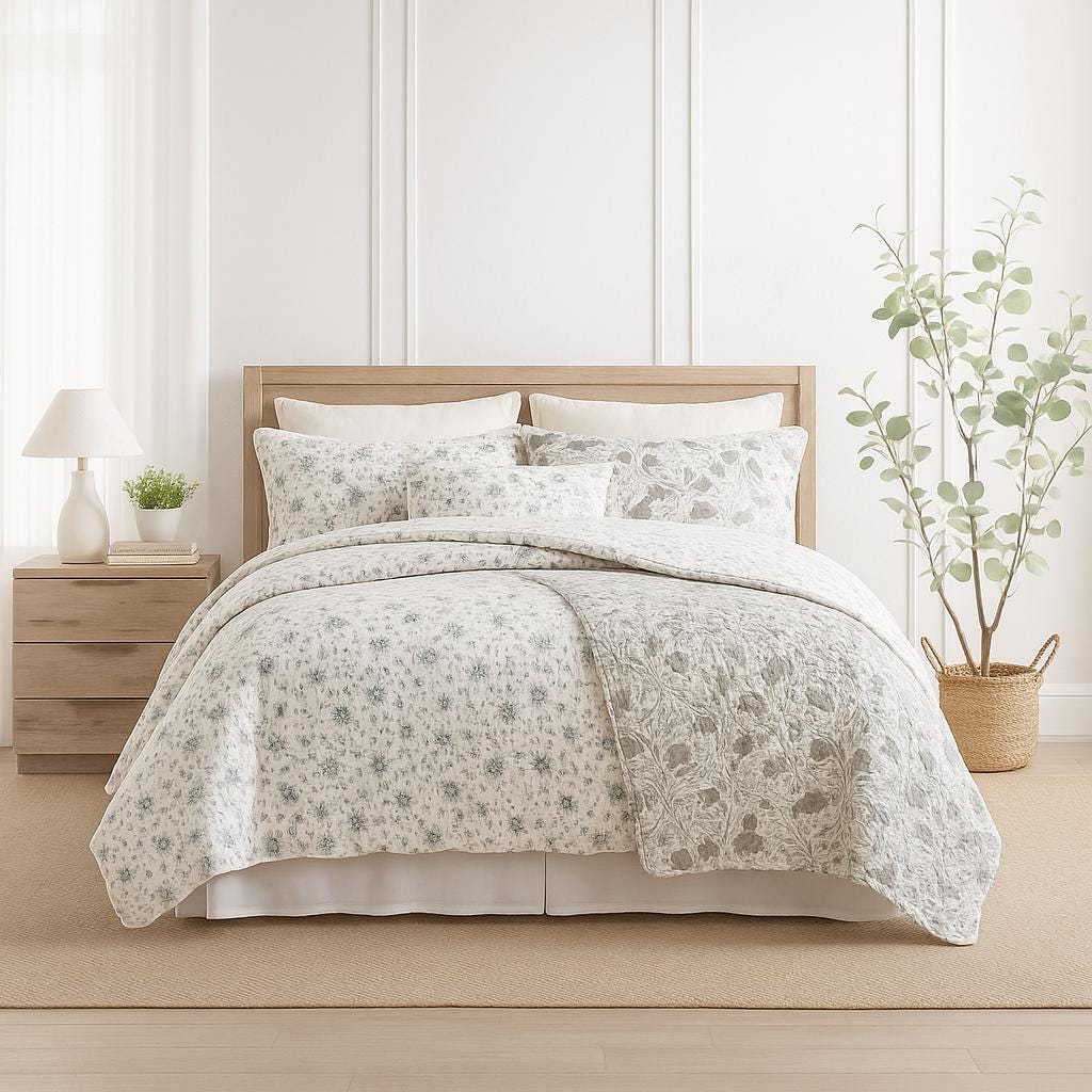 Hand-Quilted Reversible Cotton Quilt, Block Print Bedspread