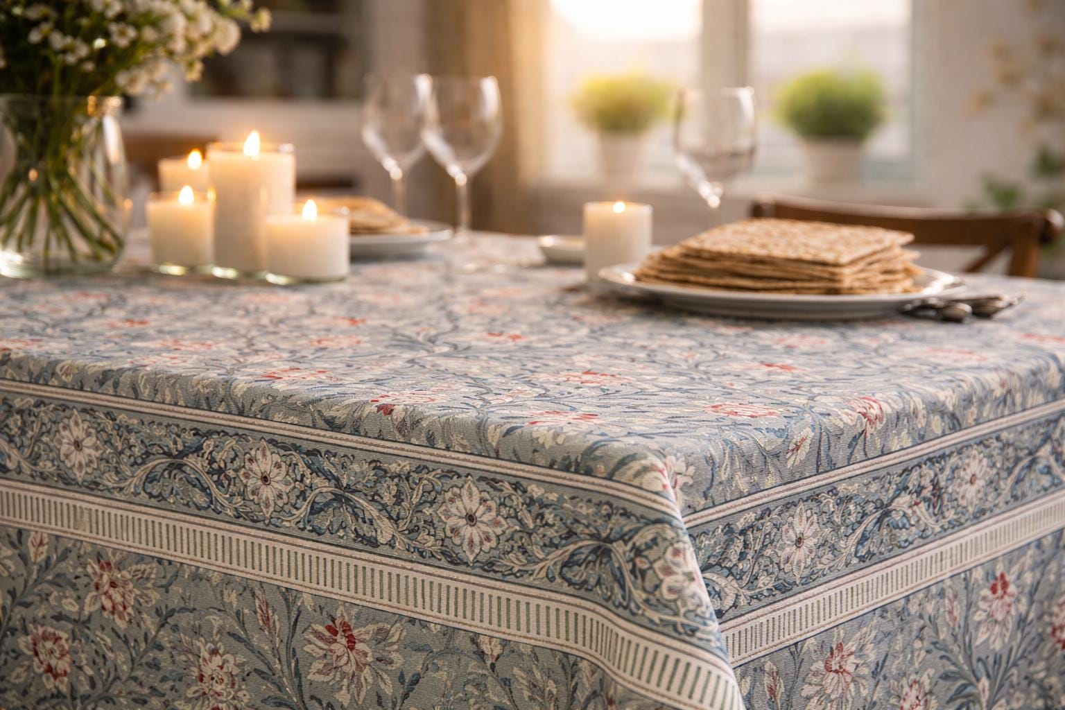 Cotton Tablecloth - Boho Blockprint- Handmade Cotton Table Cover - L 118"
