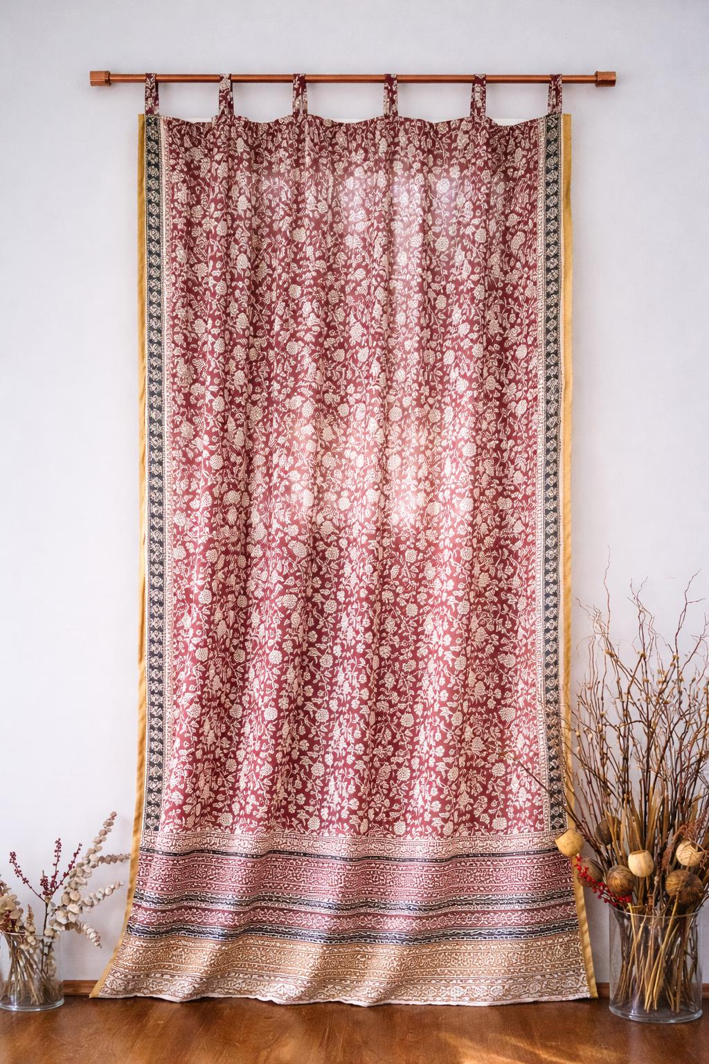 Block Print Cotton Curtains • Boho Border Drapes, Light Filtering Bohemian Style (96" Length)