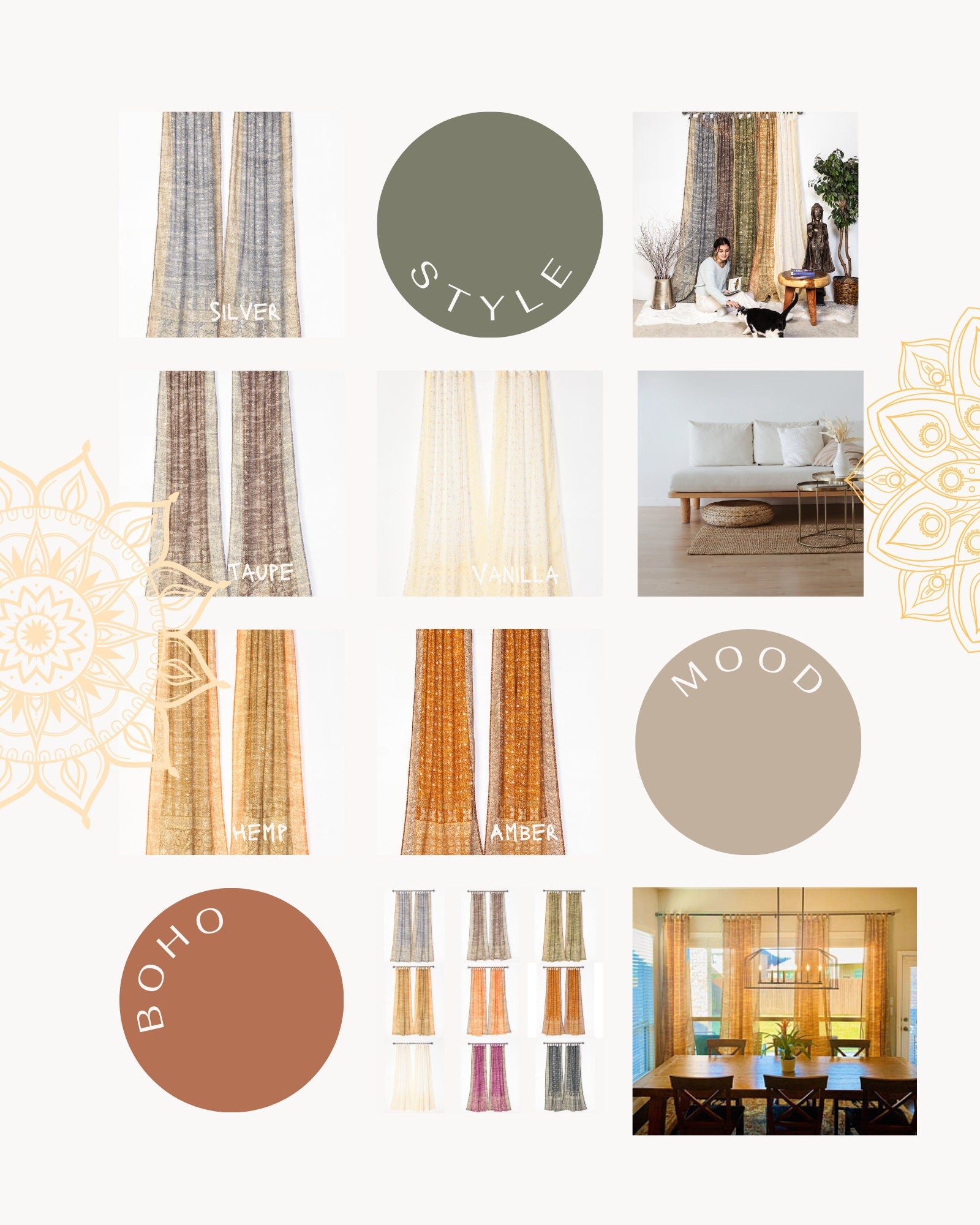Sari Curtains 84"L Boho Curtains Light-Filtering drapes for Bed Canopy backdrop Tapestry Window Treatment Living/Bedroom Customizable