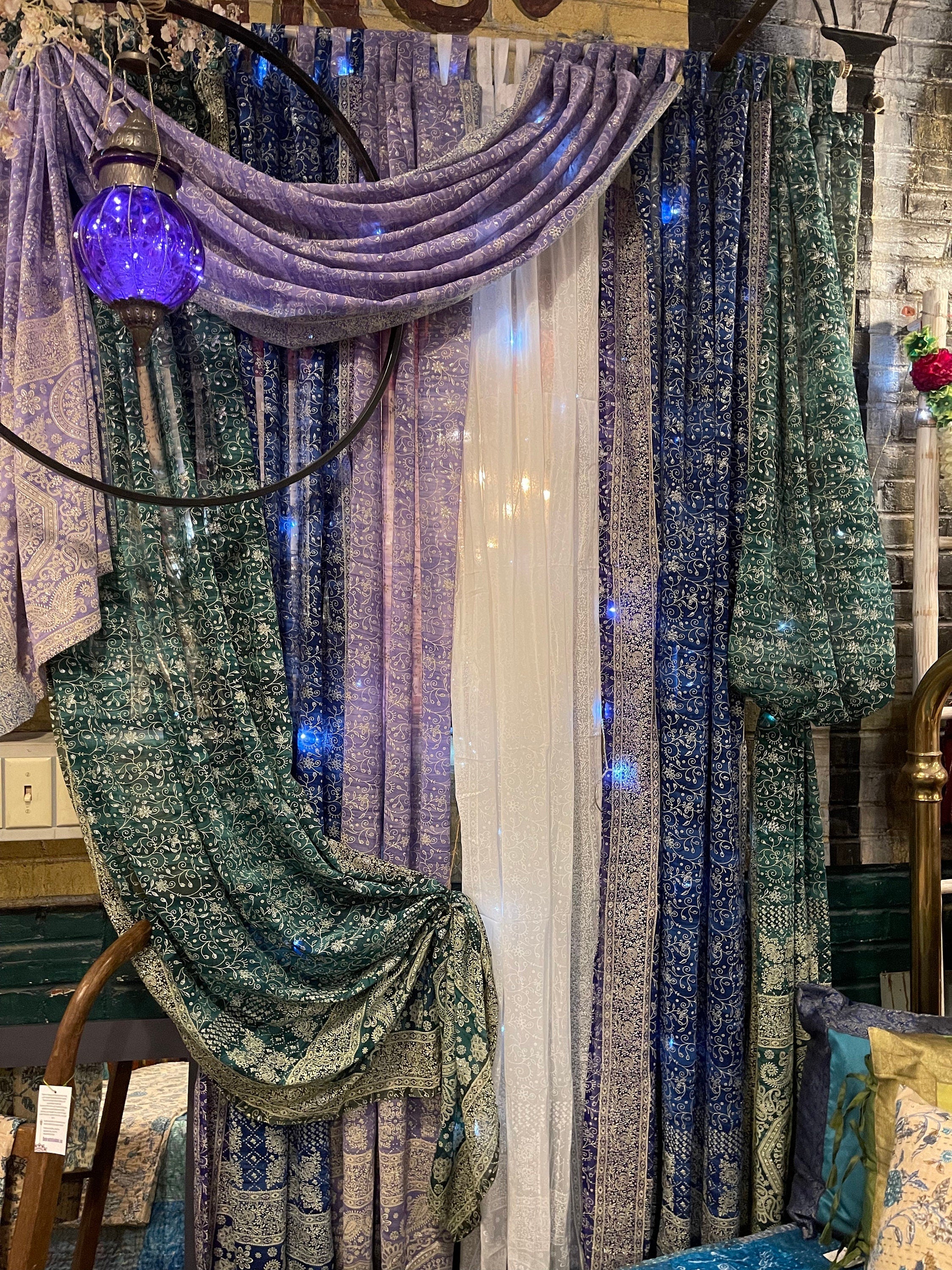 Sari Curtains 84"/96"L Boho Curtains BoHoEARTH Collection Light-Filtering Black Sari backdrop Bed Canopy Window Treatment For Living/Bedroom