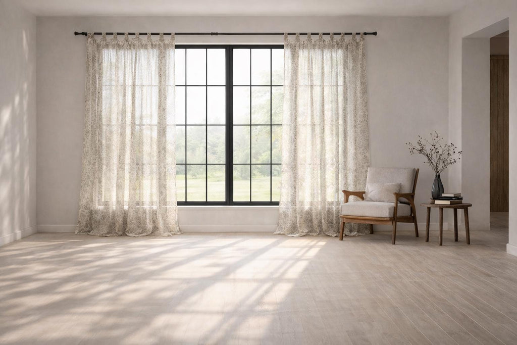 Extra Wide Boho Curtain Panel 52 Wide, Faded Black and Taupe white Rayon Curtain, Soft Light Window Treatment, Neutral Shabby Chic Decor