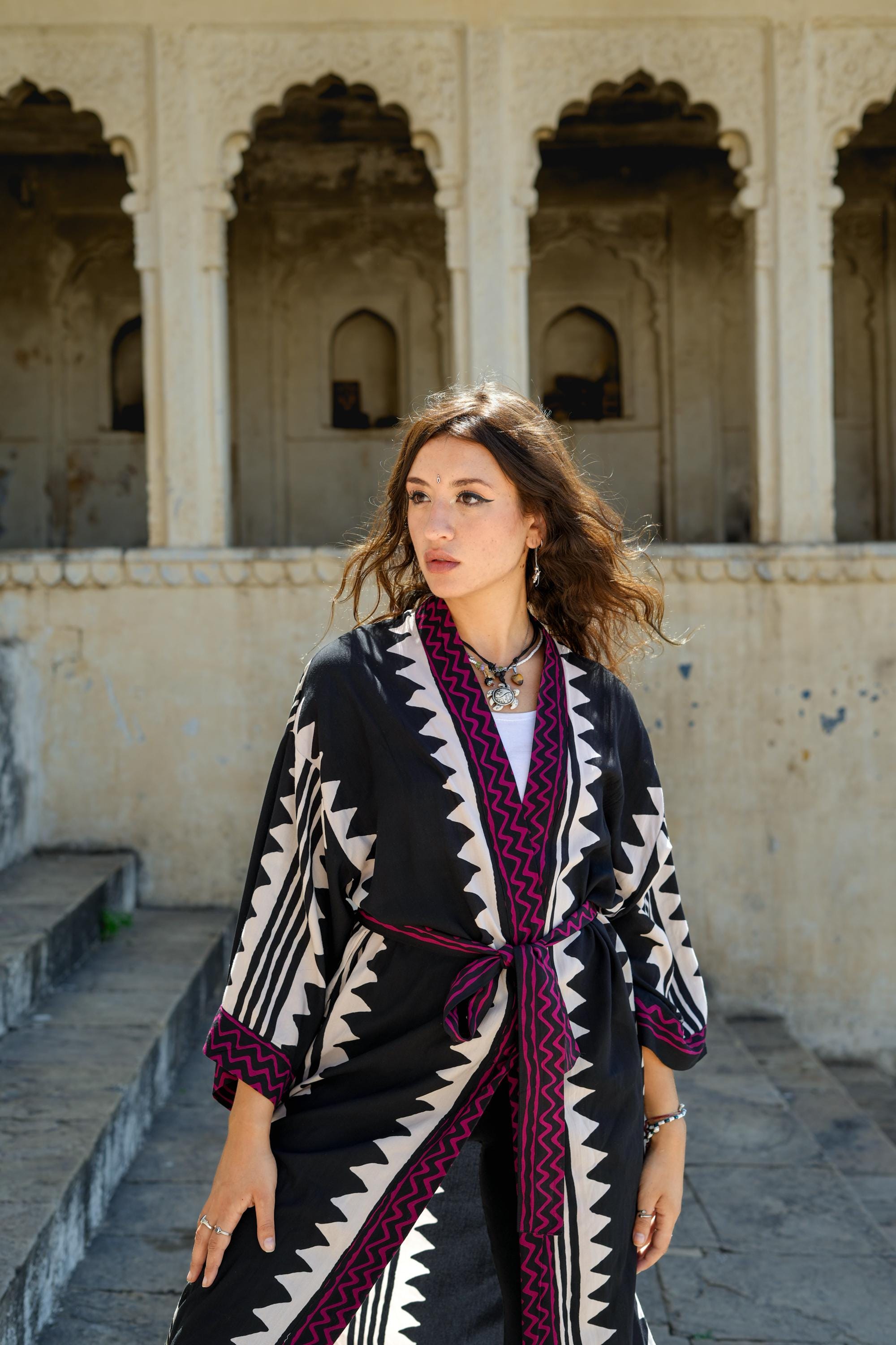 Tribal Graphic Midi Kimono – Earth Tones, Black & White and Maroon accent Bold Tribal Printed Rayon Wrap with Pockets and Sash