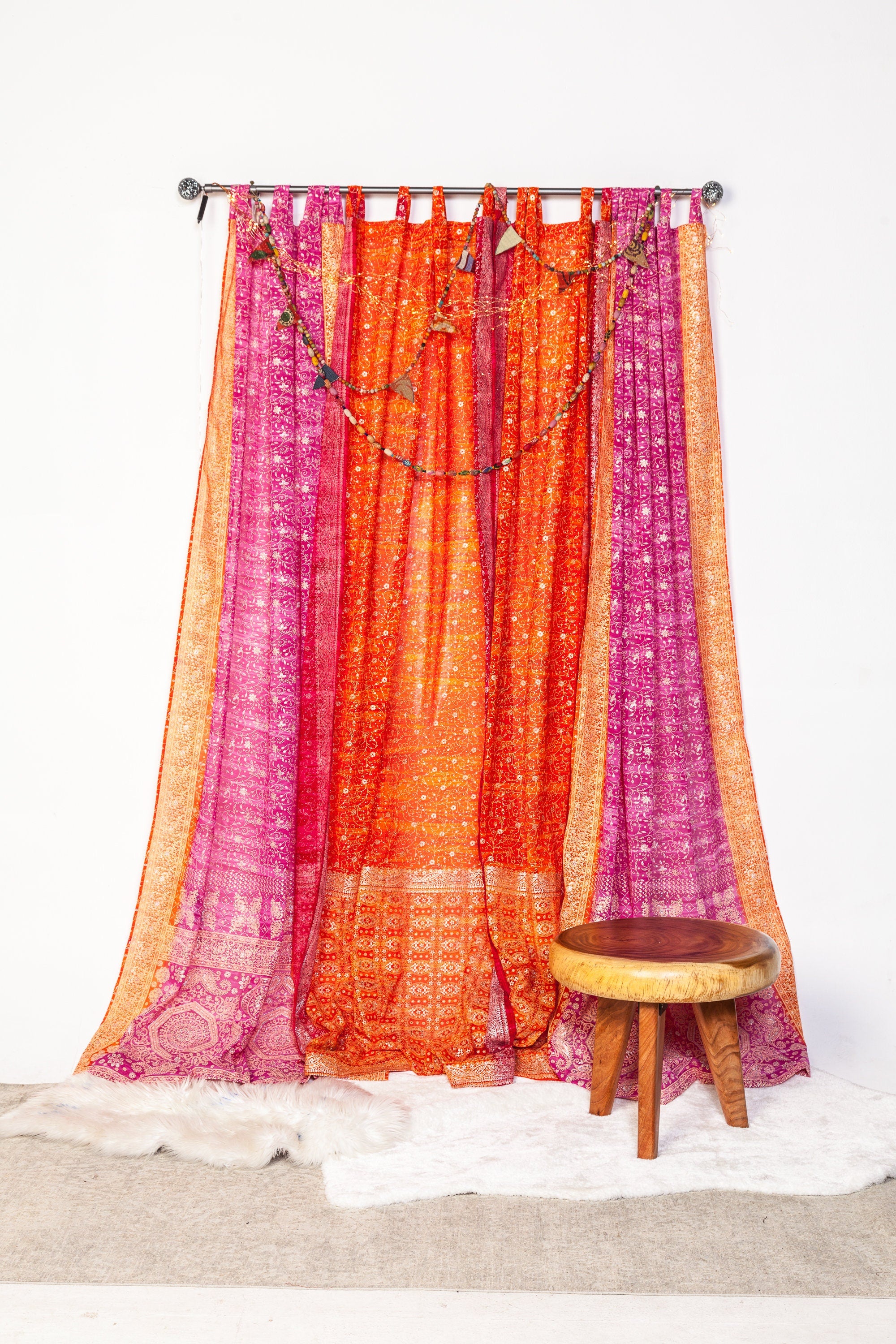 Boho Curtains Light-Filtering Sari Curtains 84"/96"L, Bed Canopy, Backdrop Fuschia Rust Window Treatment For Living/Bedroom Customizable