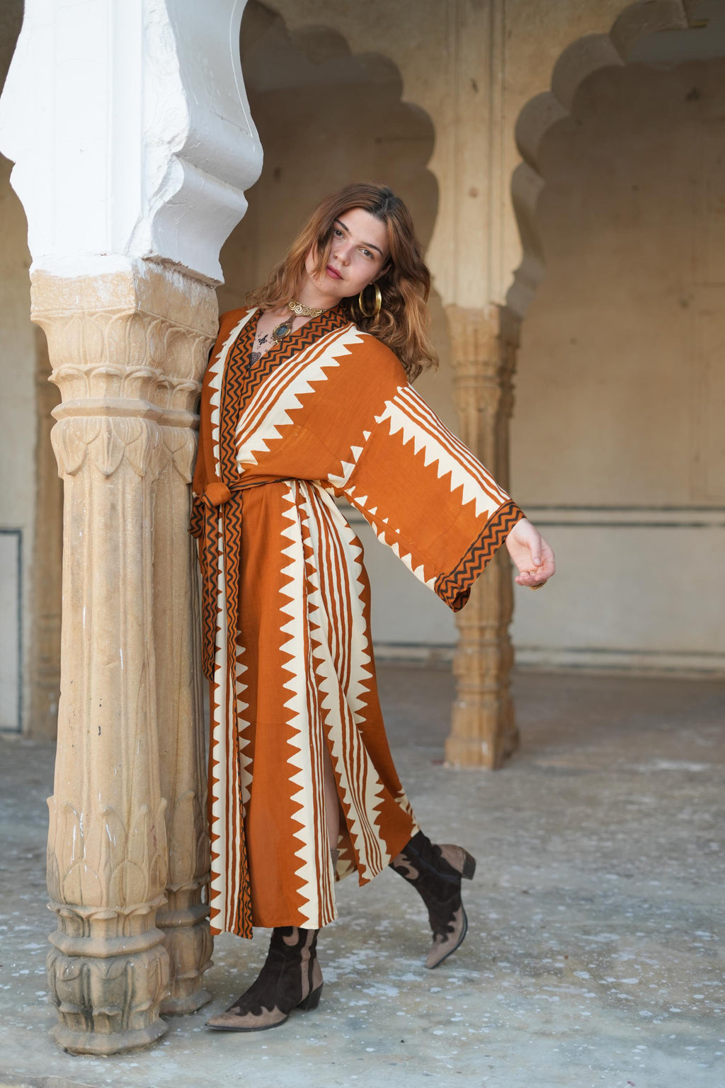 Tribal Graphic Midi Kimono – Earth Tones, Black & White and Maroon accent Bold Tribal Printed Rayon Wrap with Pockets and Sash