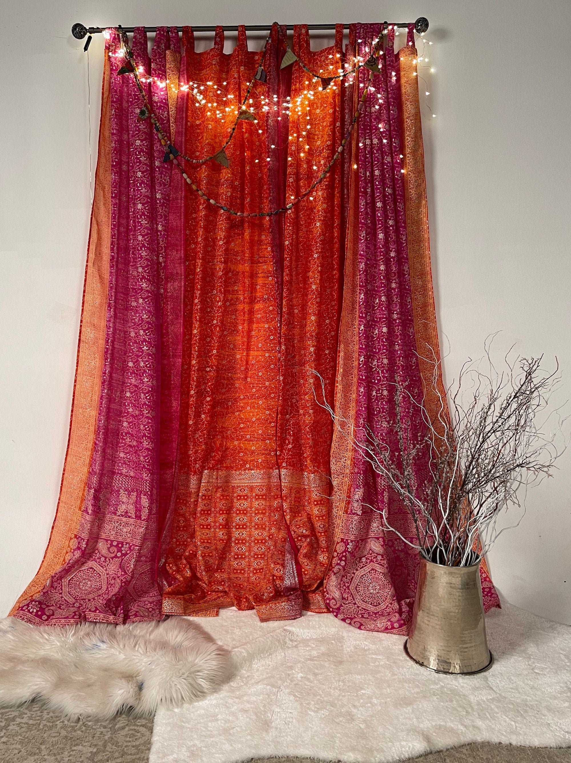 Boho Sari Curtains, Metallic Print Georgette, Light Filtering Light filtering Drapes - limited edition Orange/crimson