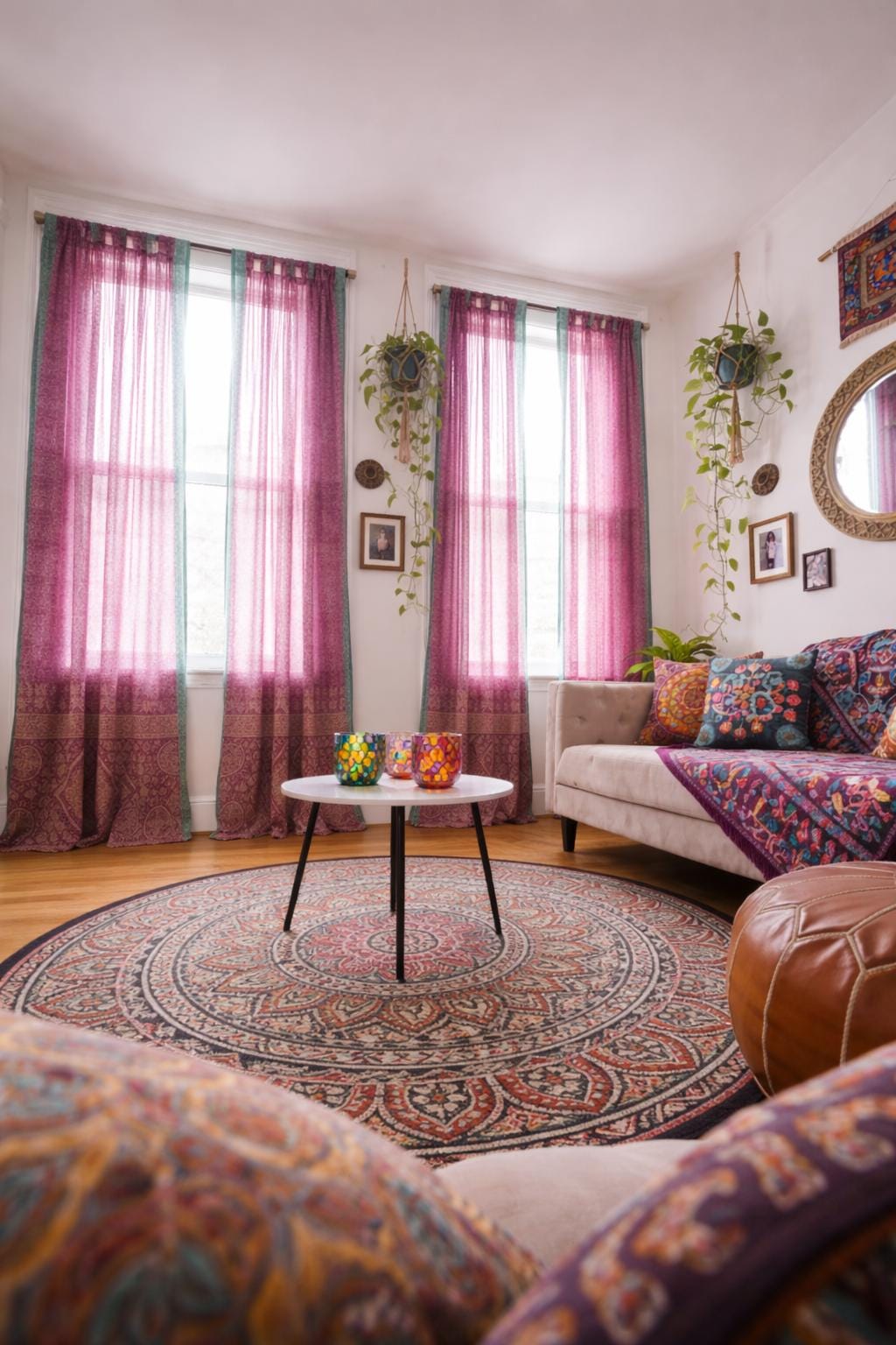 Sari Curtains, Magenta Aqua Light filtering , Block Print Boho Window Treatment