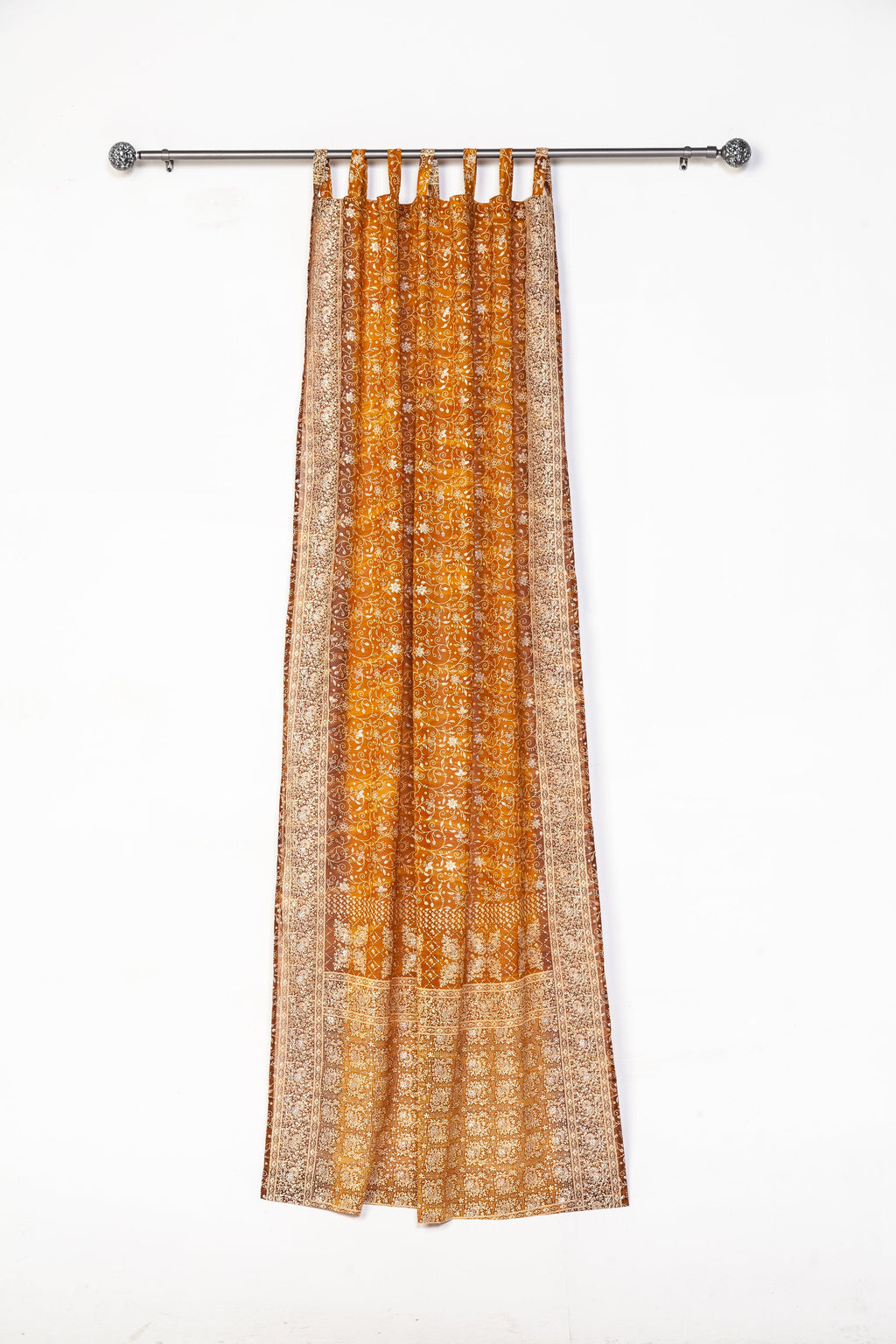 Amber Gold Sari Curtains, Block Print Sheer Drapes, Boho Window Treatment