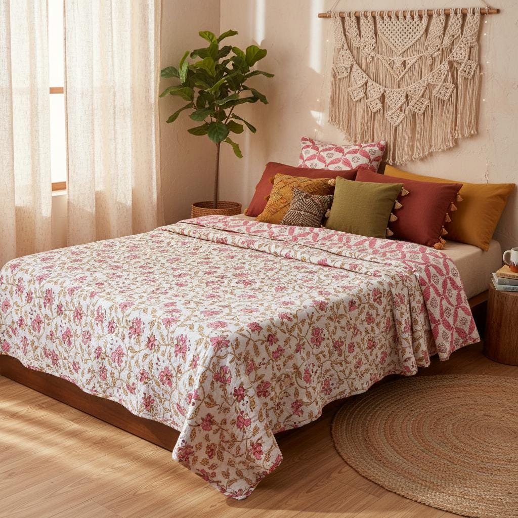 Hand-Quilted Cotton Reversible Quilt, Block Print Boho Bedspread