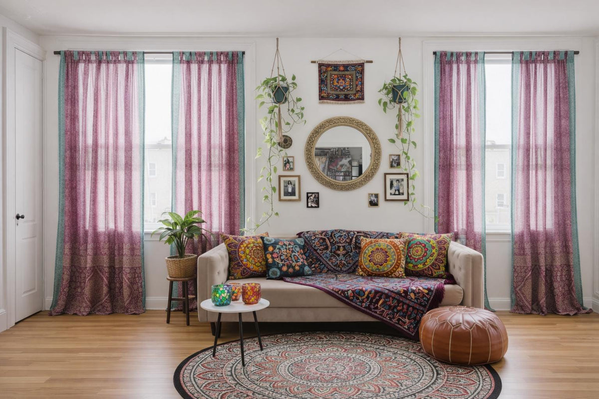 Boho Sari Curtains - Magenta Aqua Window Panels - Light Filtering Sheer Drapes - Colorful Bohemian Living Room Decor