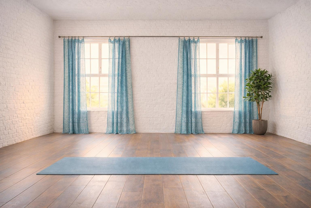 Yoga Studio Curtains Light Filtering Panels, Blue Boho Sari Curtains, Meditation Room Drapes, Sheer Window Curtains
