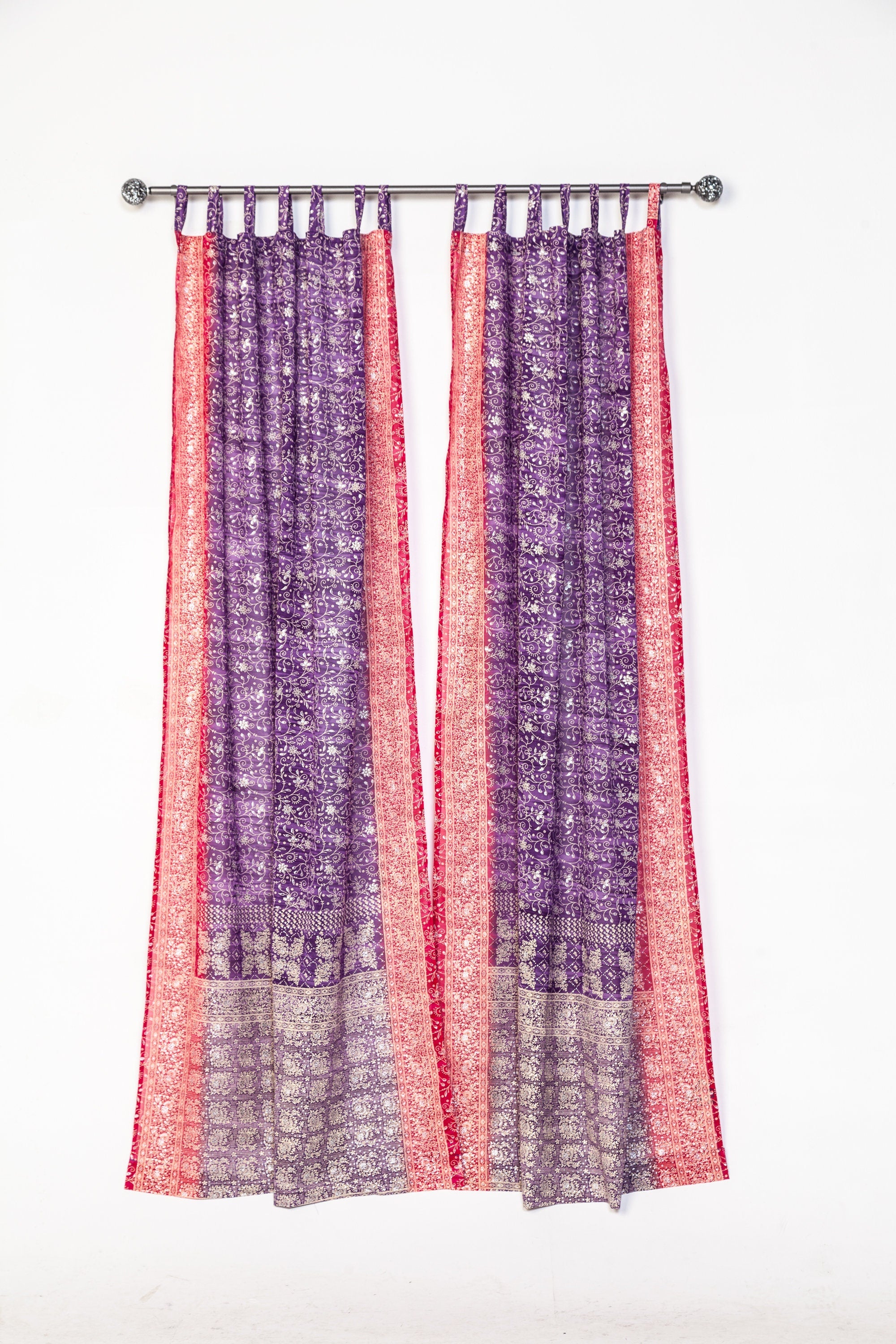 Block Printed Sari Curtains, Boho Window Treatment, LightFiltering Purple Berry 96"/108"L