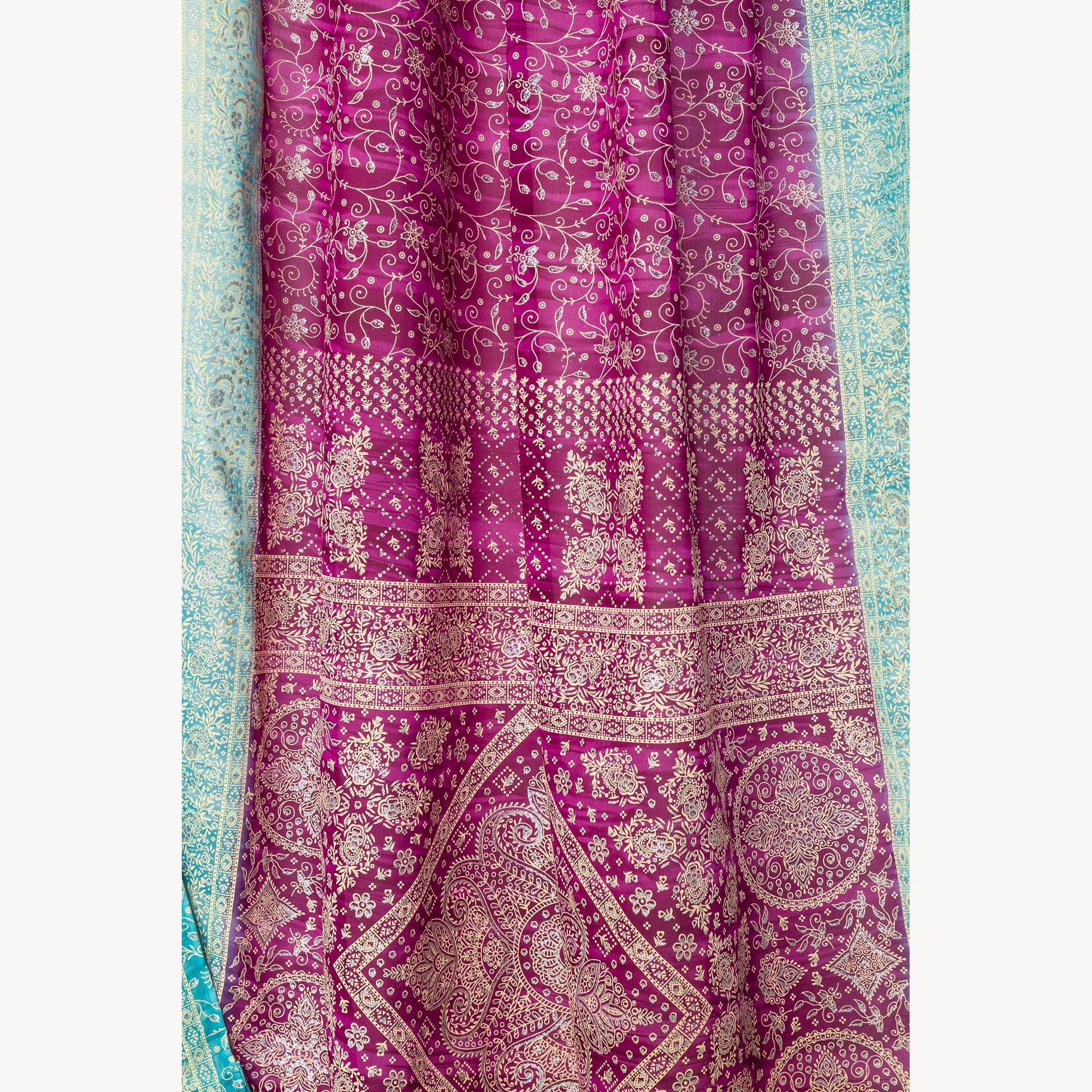 Sari Curtains, Magenta Aqua Light filtering , Block Print Boho Window Treatment