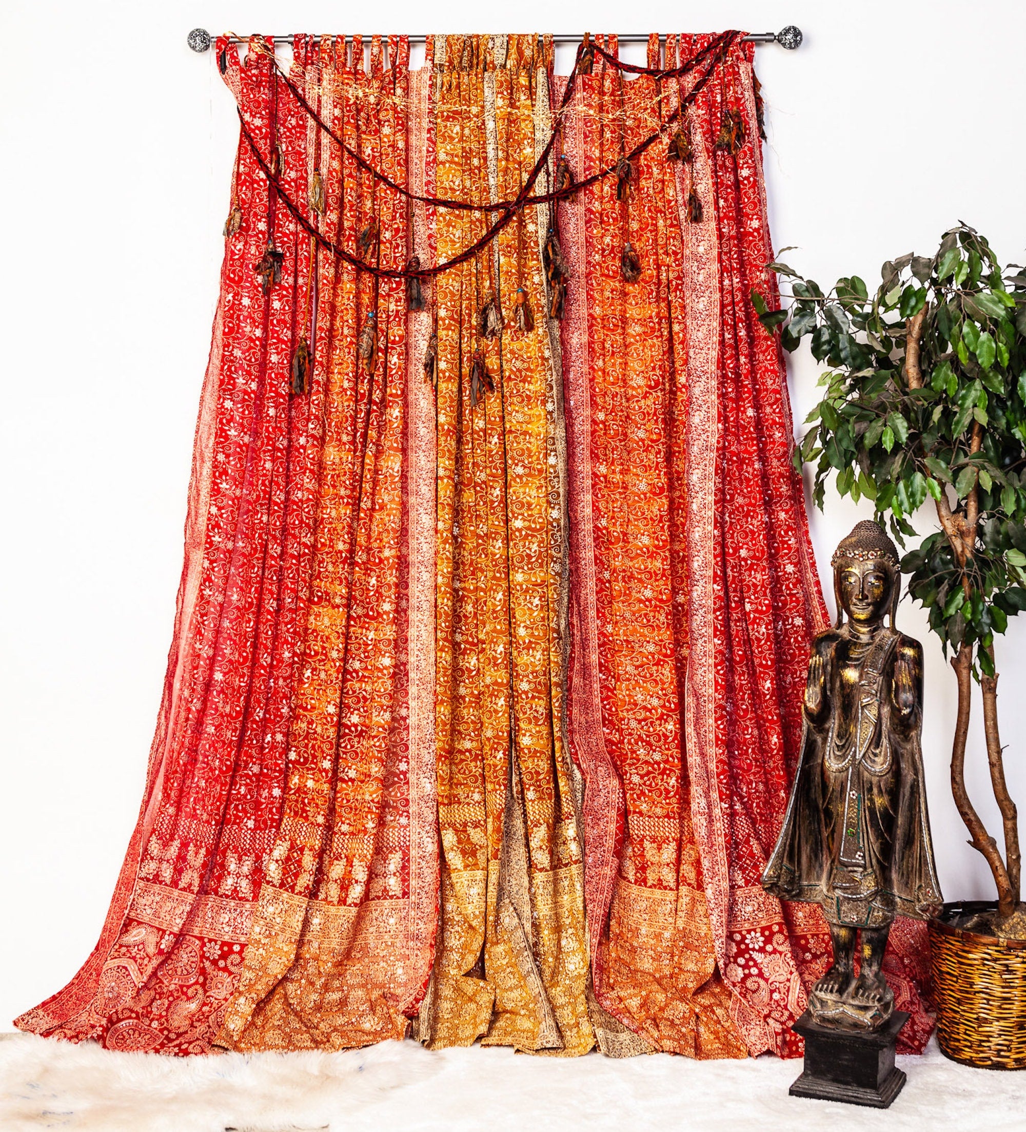 sari Curtains, Light-filtering Boho style Sunrise Collection Bohemian Curtains Earth Tones Saffron Marigold for Bedroom Living Dining room