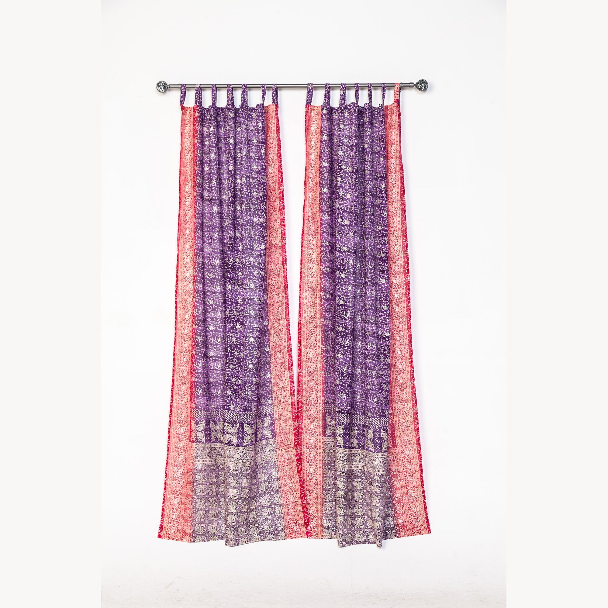Block Printed Sari Curtains, Boho Window Treatment, LightFiltering Purple Berry 96"/108"L