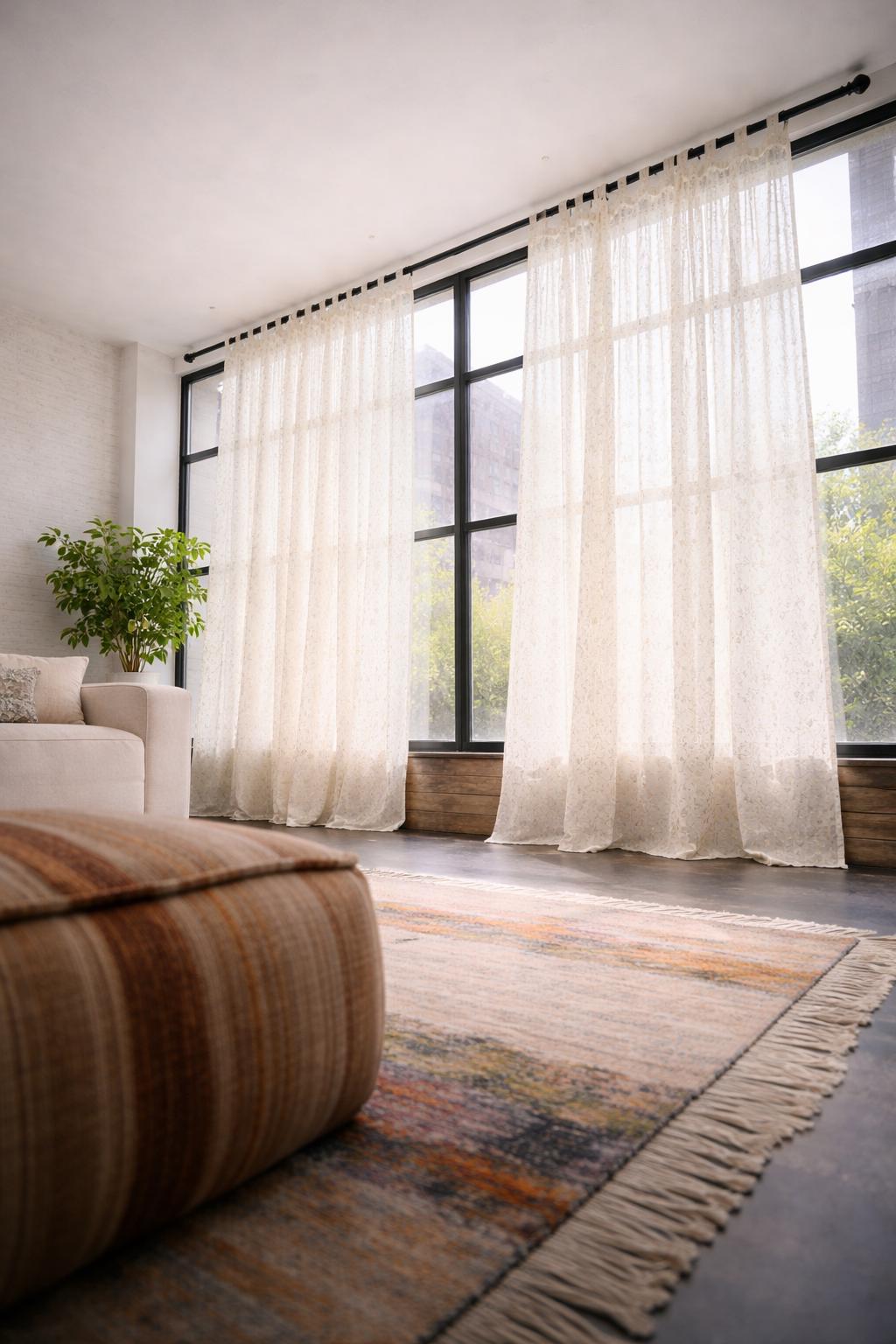 Boho Sari Curtains - Vanilla Off White Sheer Panels - Subtle Luminous Thread - Light Filtering Neutral Window Drapes