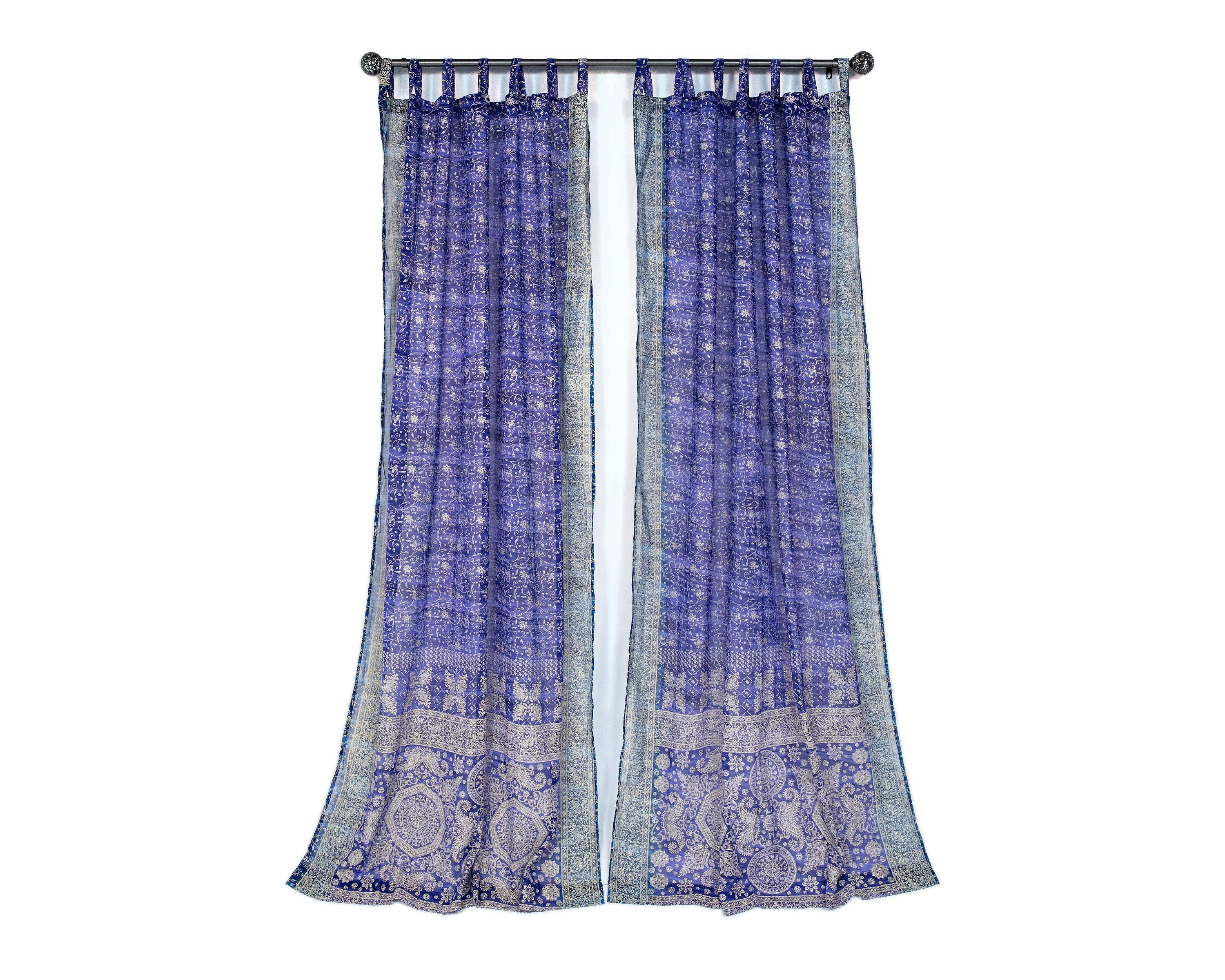Purple Indigo Sari Curtain: Boho Light-Filtering Drapes, Block Print