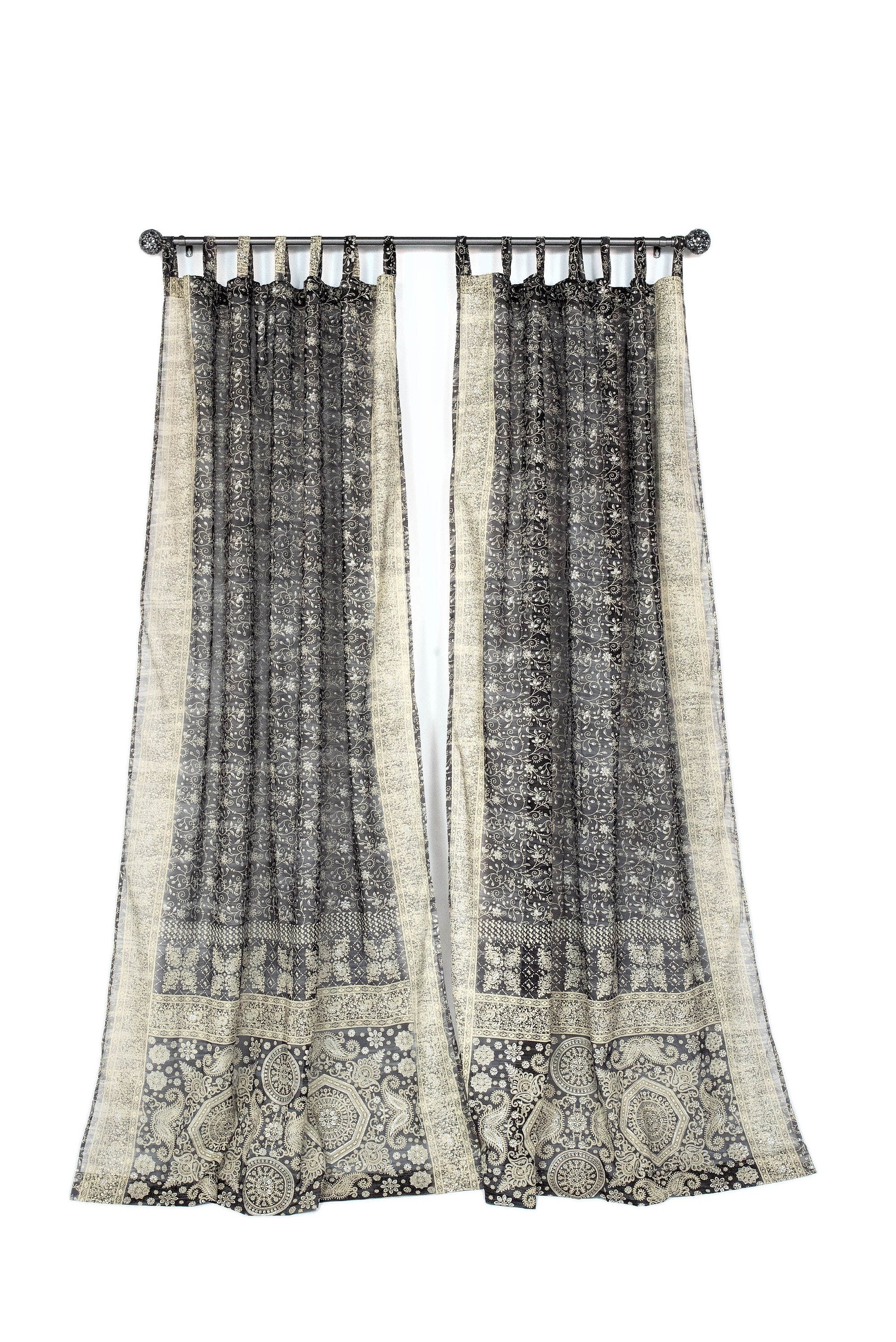 Black Boho Sheer Sari Curtains 84"/96"L Curtains BoHoEARTH Collection Light-Filtering Black backdrop Window Treatment For Living/Bedroom
