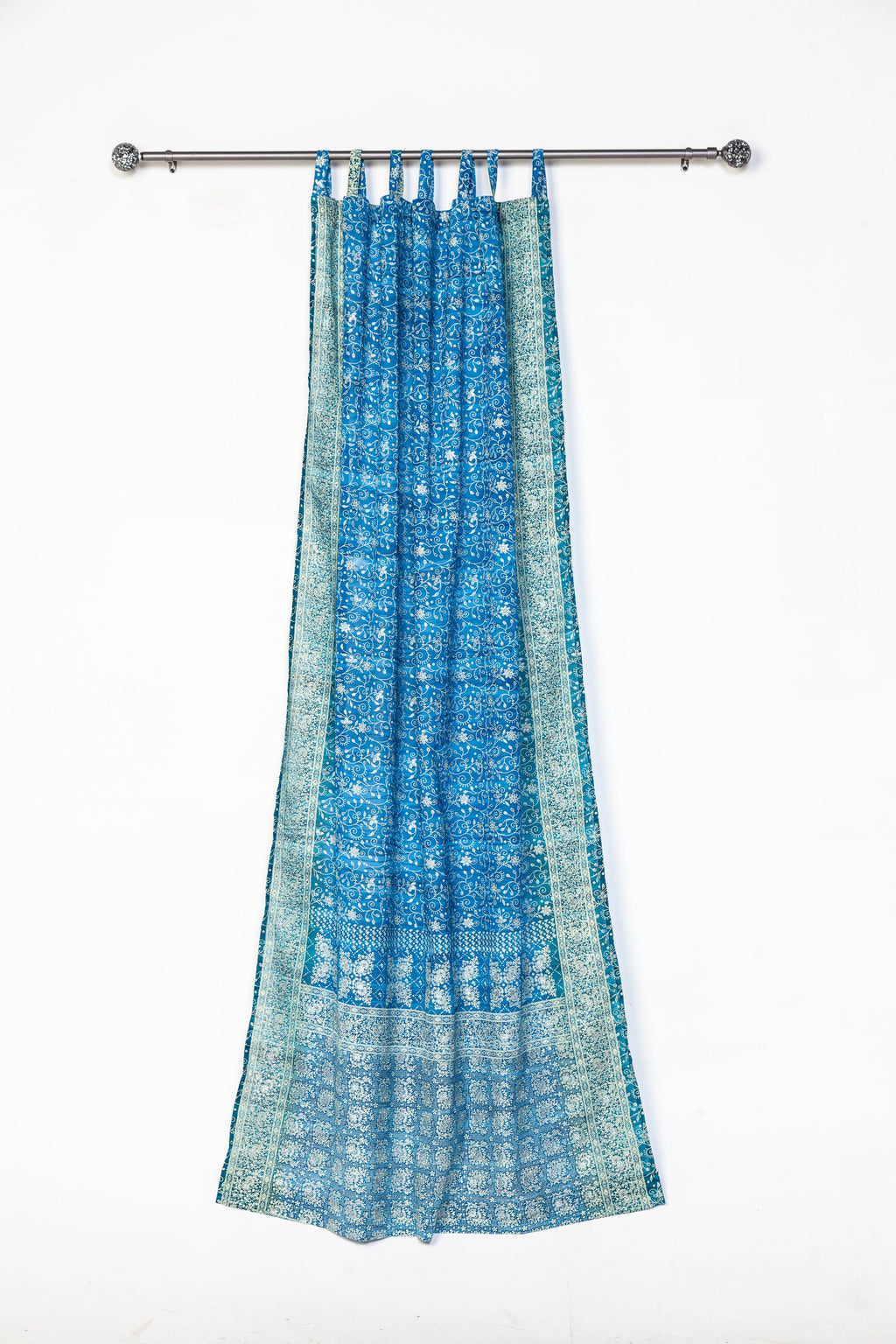Block Print Sari Curtains, 84"/96"/108"L Boho Window Treatment- Turquoise Teal light filtering